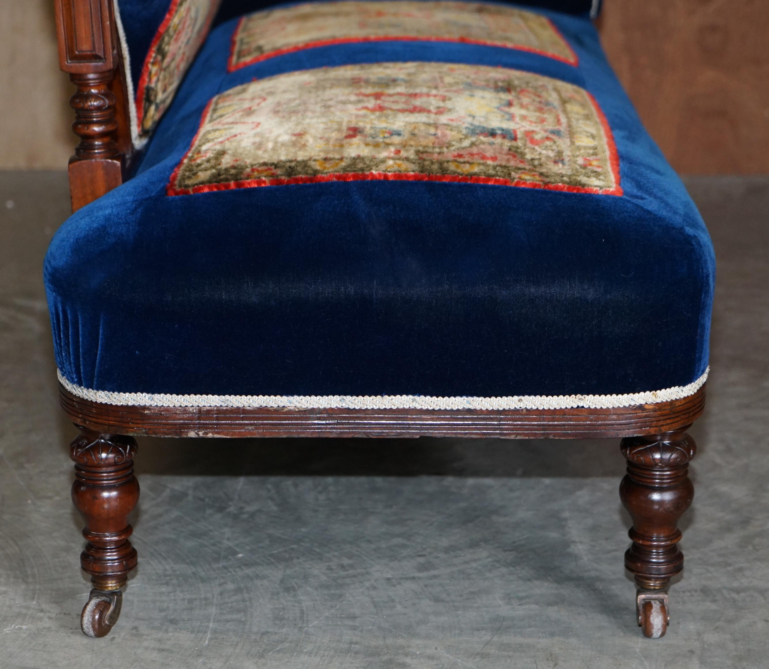 Antique Victorian Turkey Work Carpet Kilim Rug Napoleonic Blue Chaise Lounge 5