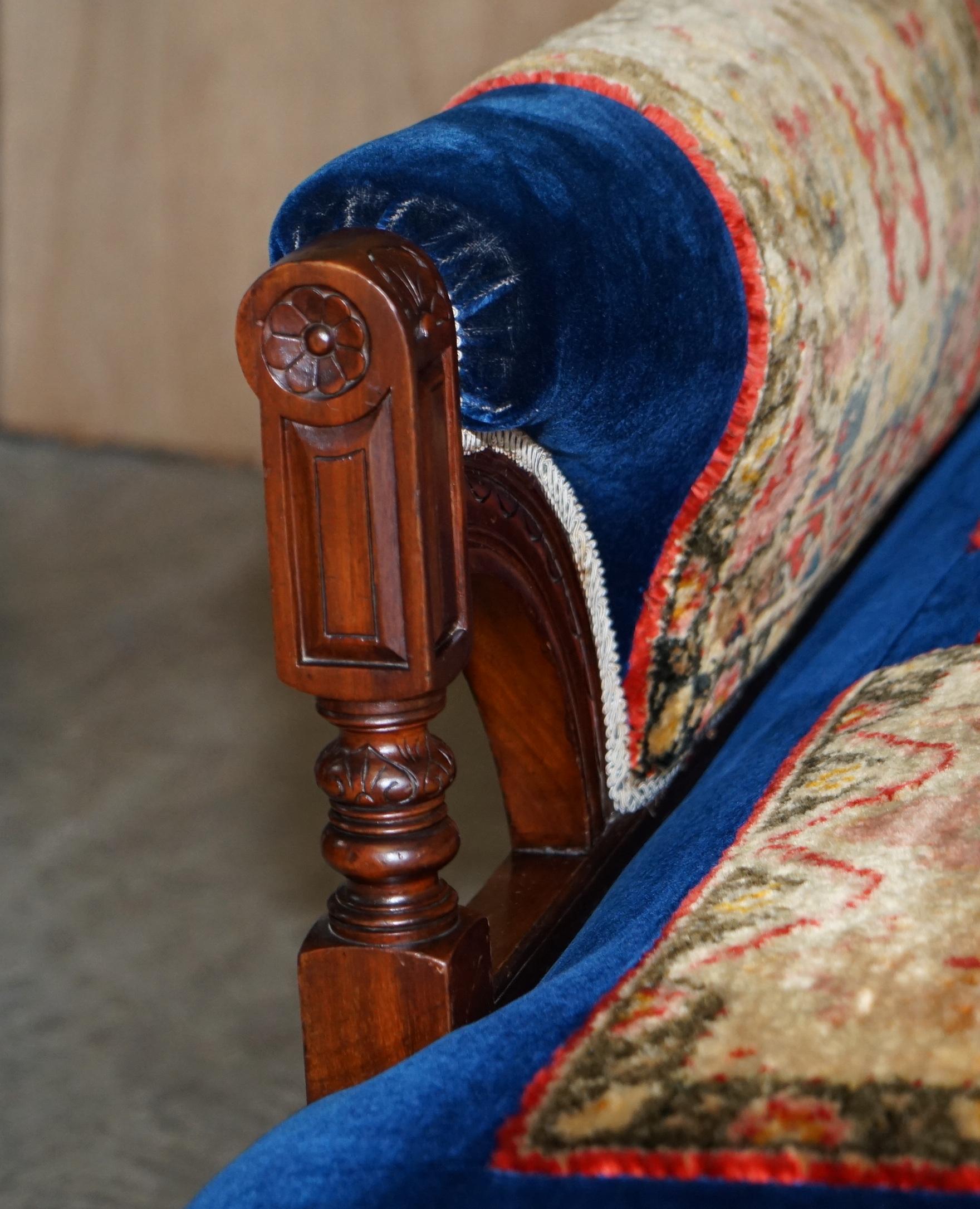 Antique Victorian Turkey Work Carpet Kilim Rug Napoleonic Blue Chaise Lounge 6