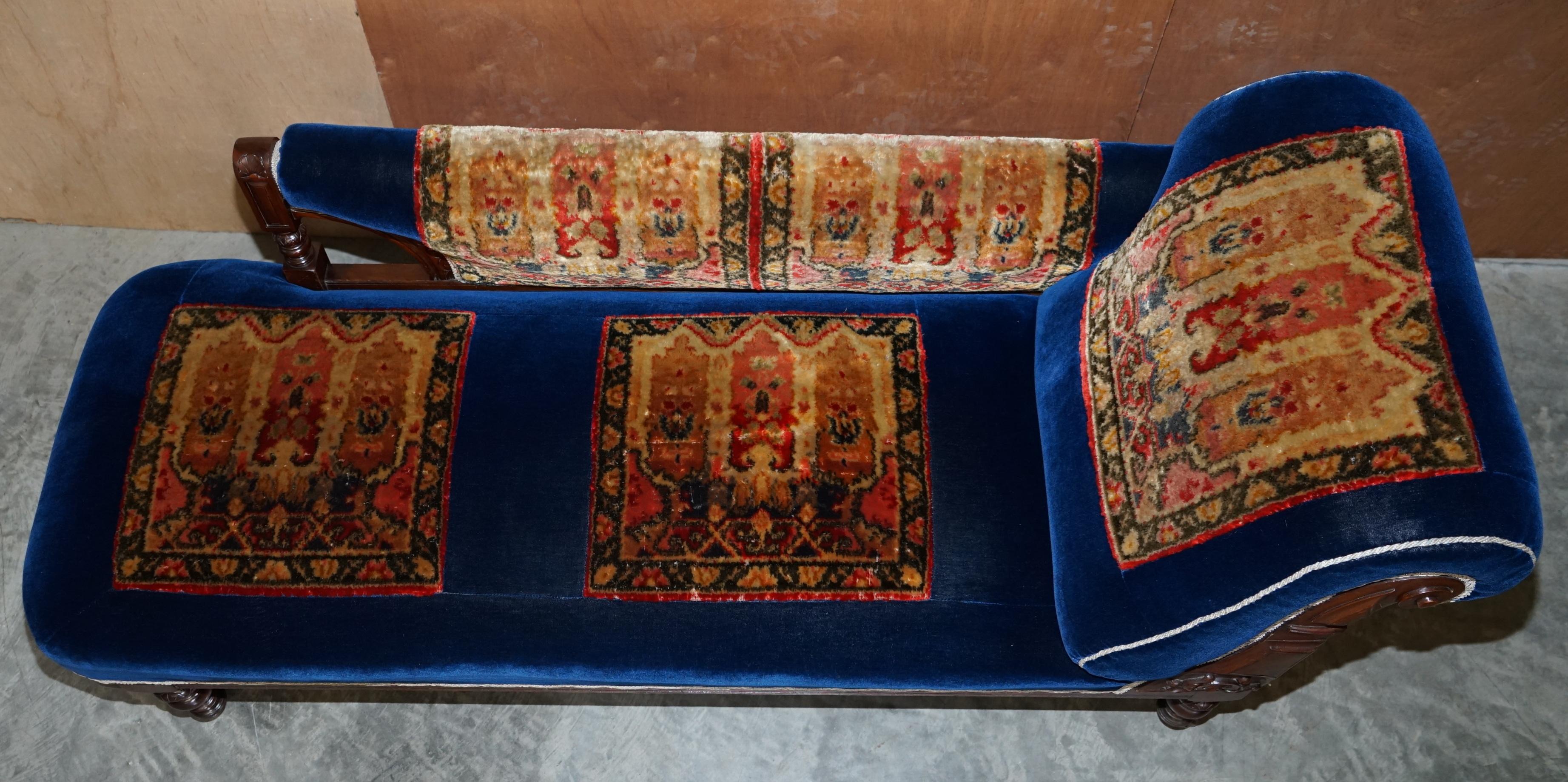 Wool Antique Victorian Turkey Work Carpet Kilim Rug Napoleonic Blue Chaise Lounge