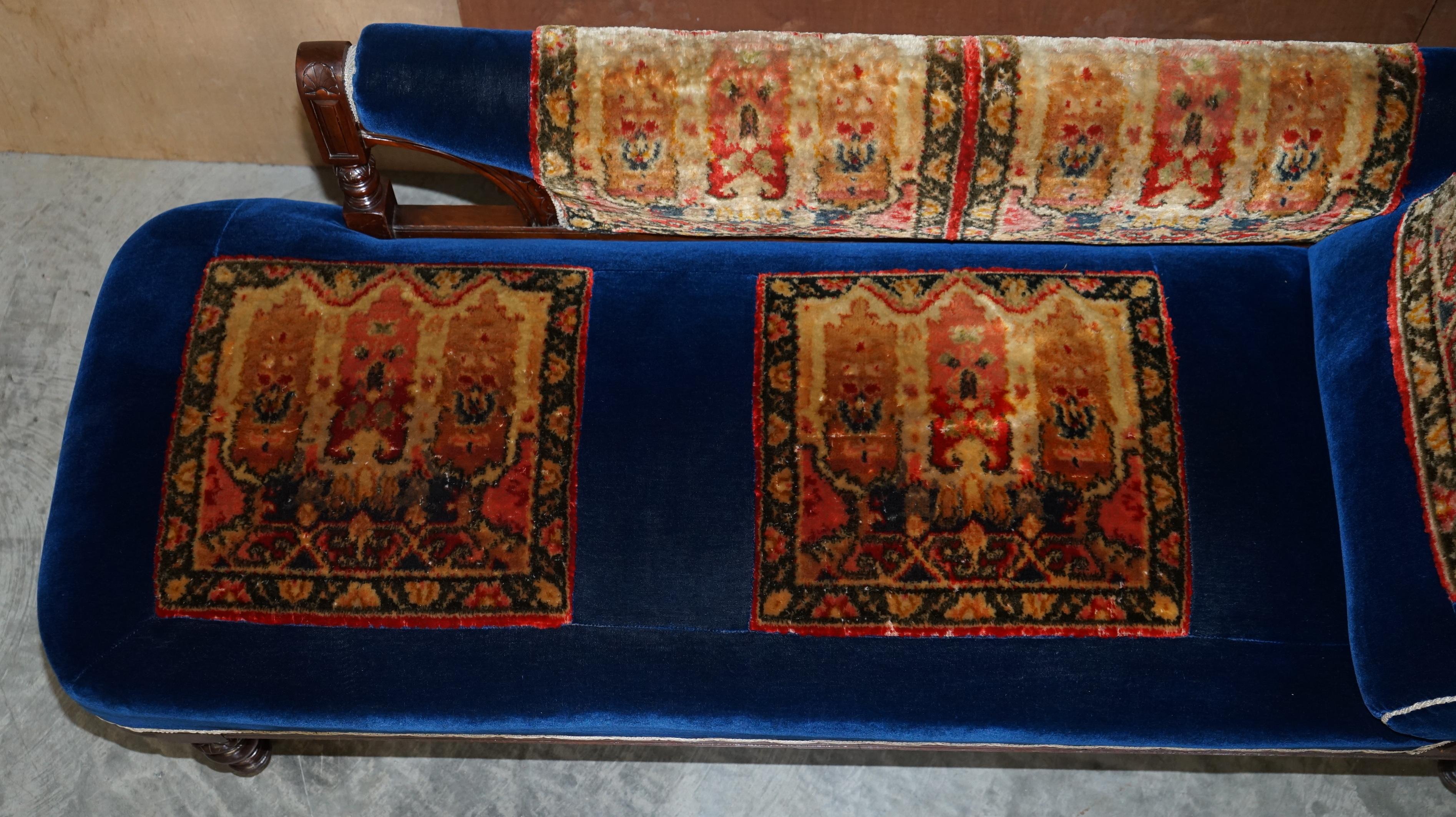 Antique Victorian Turkey Work Carpet Kilim Rug Napoleonic Blue Chaise Lounge 1