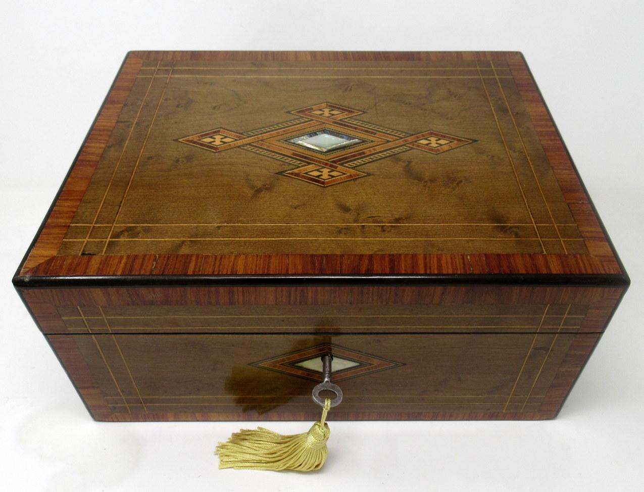An Exceptionally Fine Quality English Tunbridge Ware detail inlaid Well Figured Solid Burr Walnut Ladies or Gents Travelling Writing Slope of outstanding quality and compact proportions. Last quarter of the Nineteenth Century. 

The upper hinged