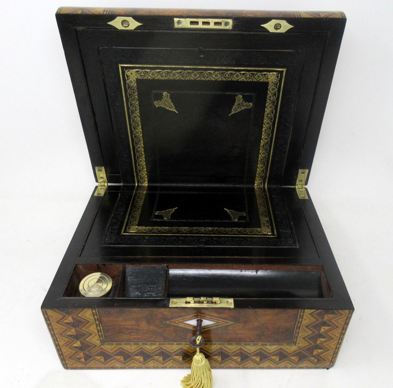 Brass Antique Victorian Turnbridge Ware Burl Walnut Traveling Wooden Writing Slope Box