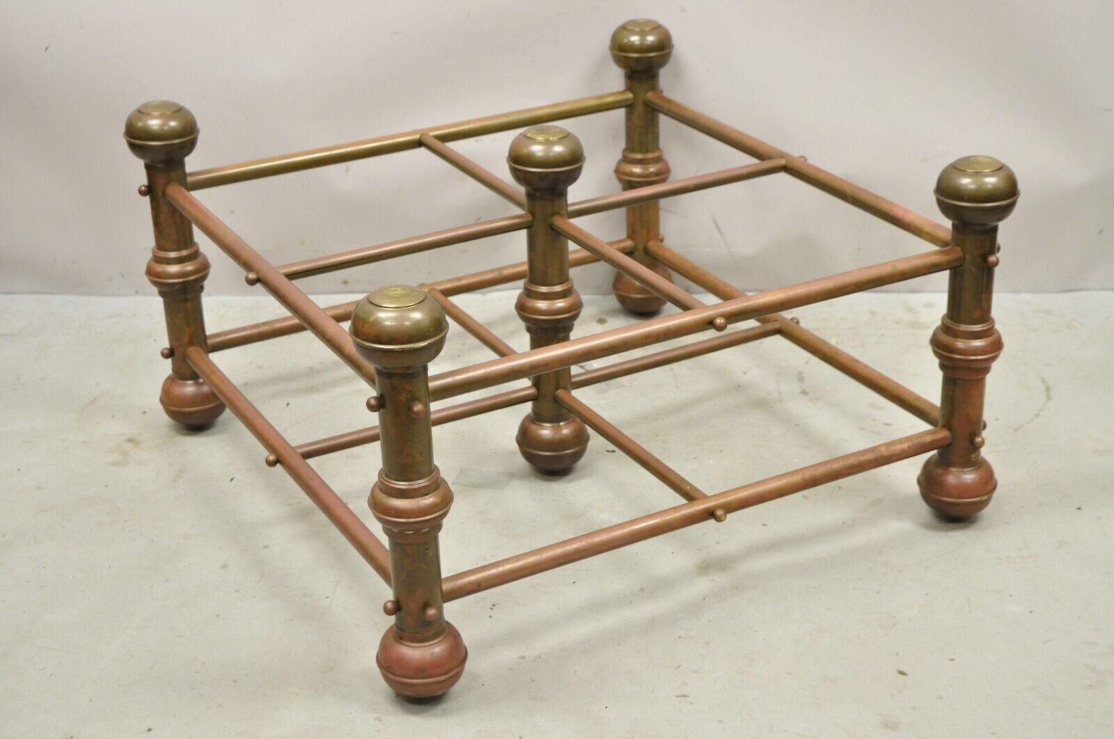 Antique Victorian Turned Brass Bed Style Pipe Post Square Coffee Table Base For Sale 8