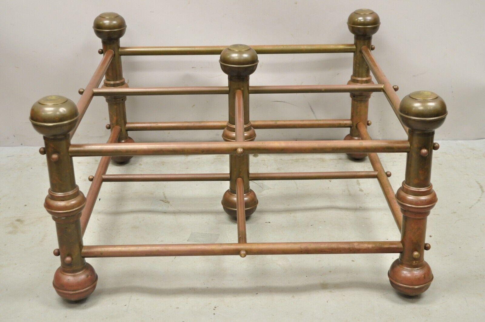 Antique Victorian Turned Brass Bed Style Pipe Post Square Coffee Table Base. Circa 19th Century. Measurements: 18