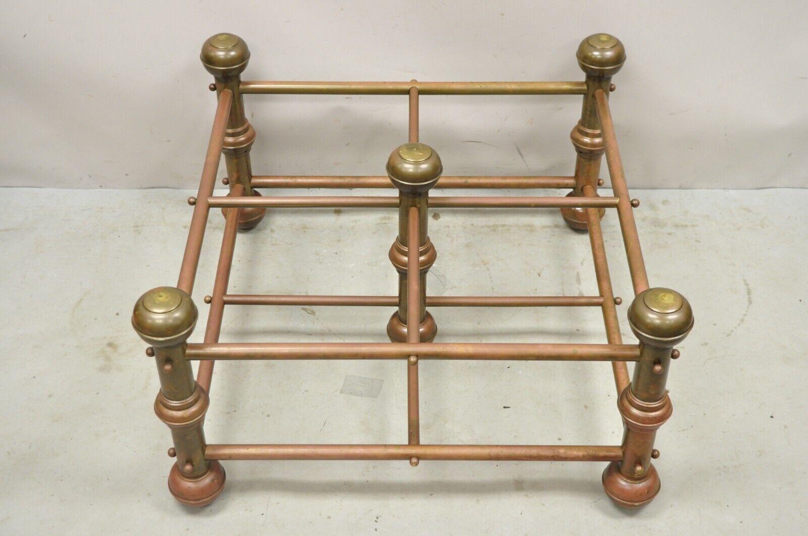 Antique Victorian Turned Brass Bed Style Pipe Post Square Coffee Table Base In Good Condition For Sale In Philadelphia, PA