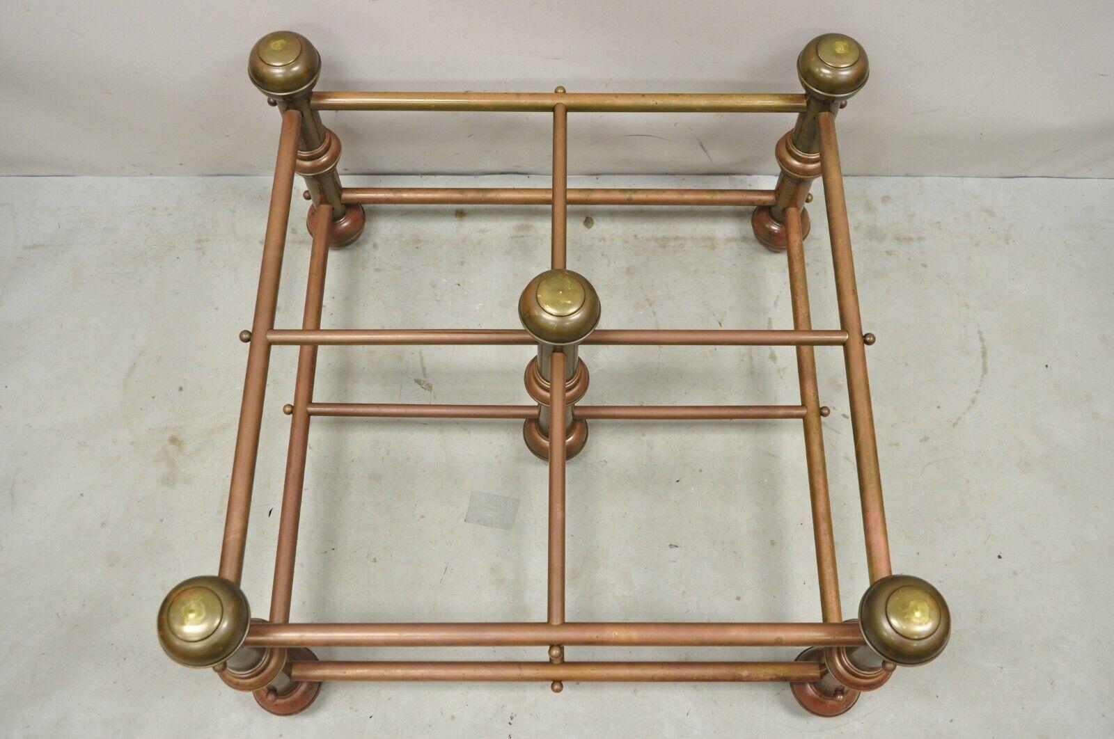 Antique Victorian Turned Brass Bed Style Pipe Post Square Coffee Table Base For Sale 2