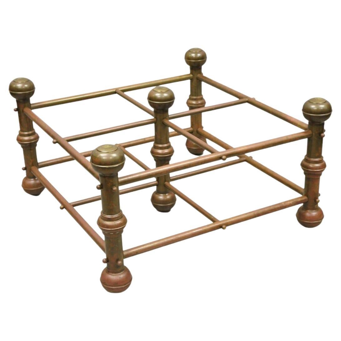 Antique Victorian Turned Brass Bed Style Pipe Post Square Coffee Table Base For Sale
