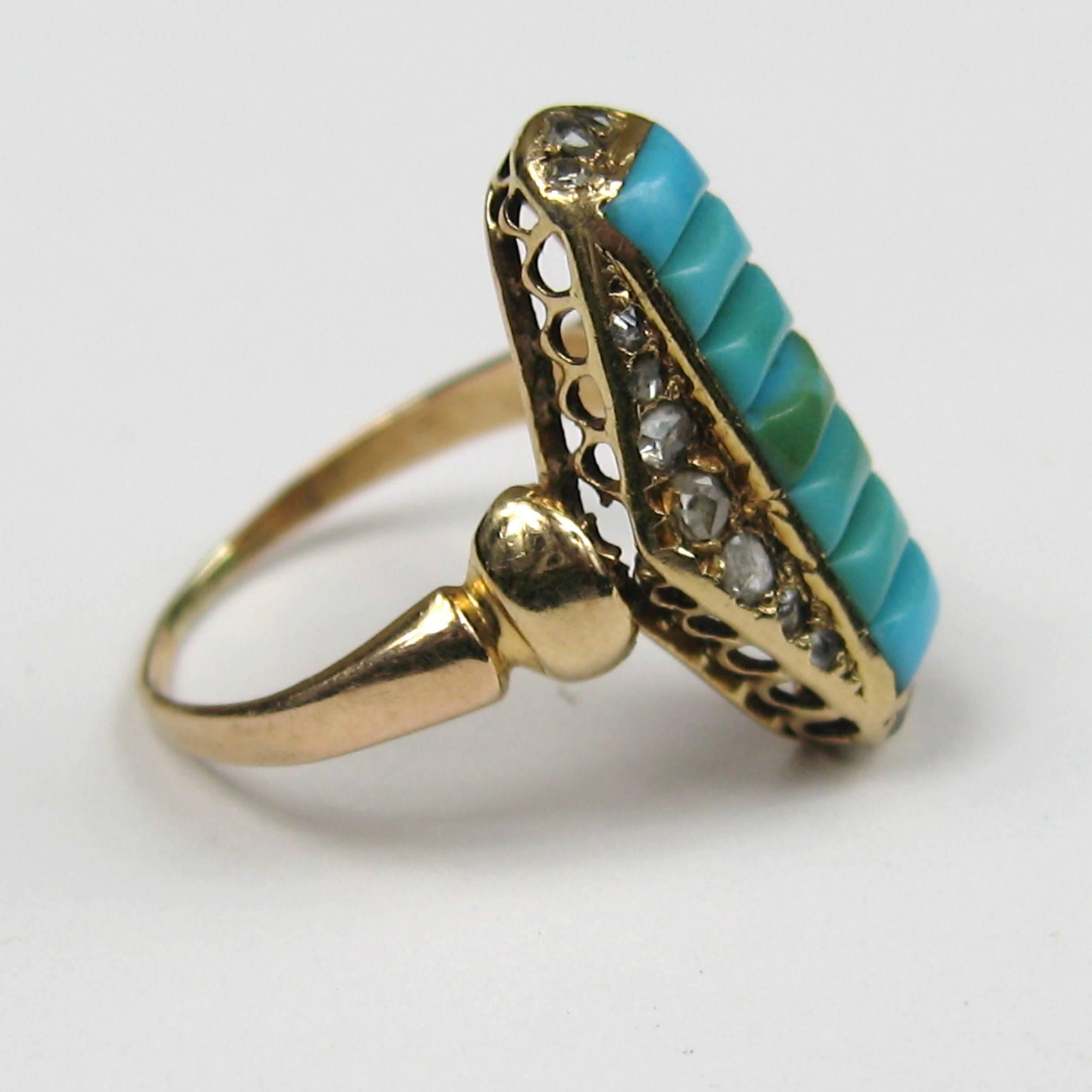 Stunning Petite Victorian Gold Turquoise and Mine Cut diamonds. Ring can be sized by us or your jeweler. It measures .72mm x .41mm. Please check our storefront for hundreds of items including New, Never worn vintage Jewelry as well as more vintage