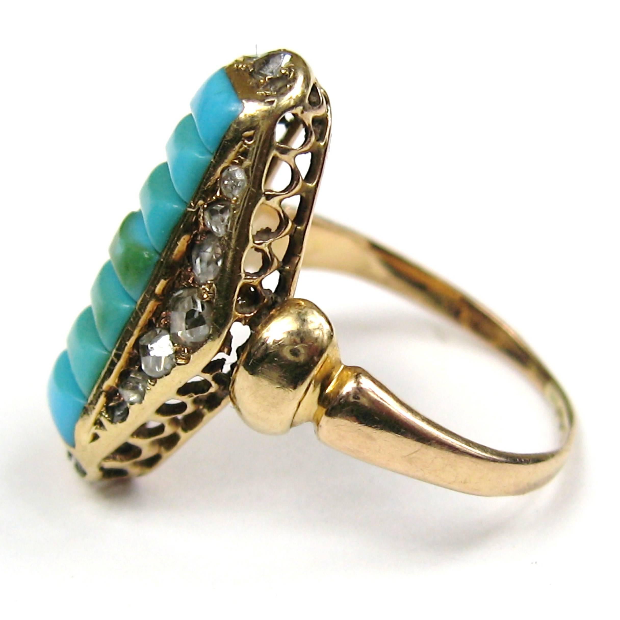 Old Mine Cut 14K Gold & Diamond Turquoise Ring Victorian  For Sale
