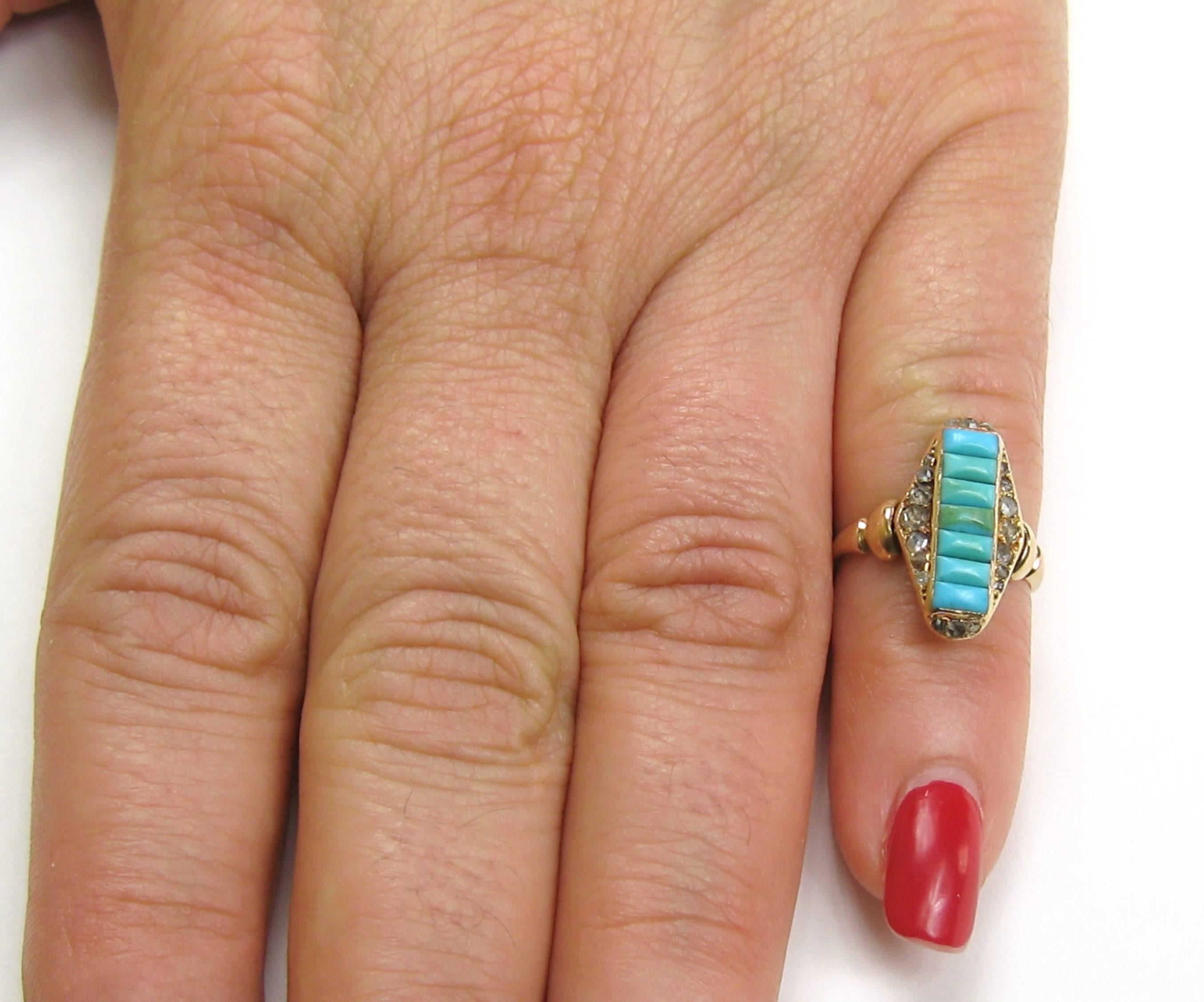 14K Gold & Diamond Turquoise Ring Victorian  In Good Condition For Sale In Wallkill, NY