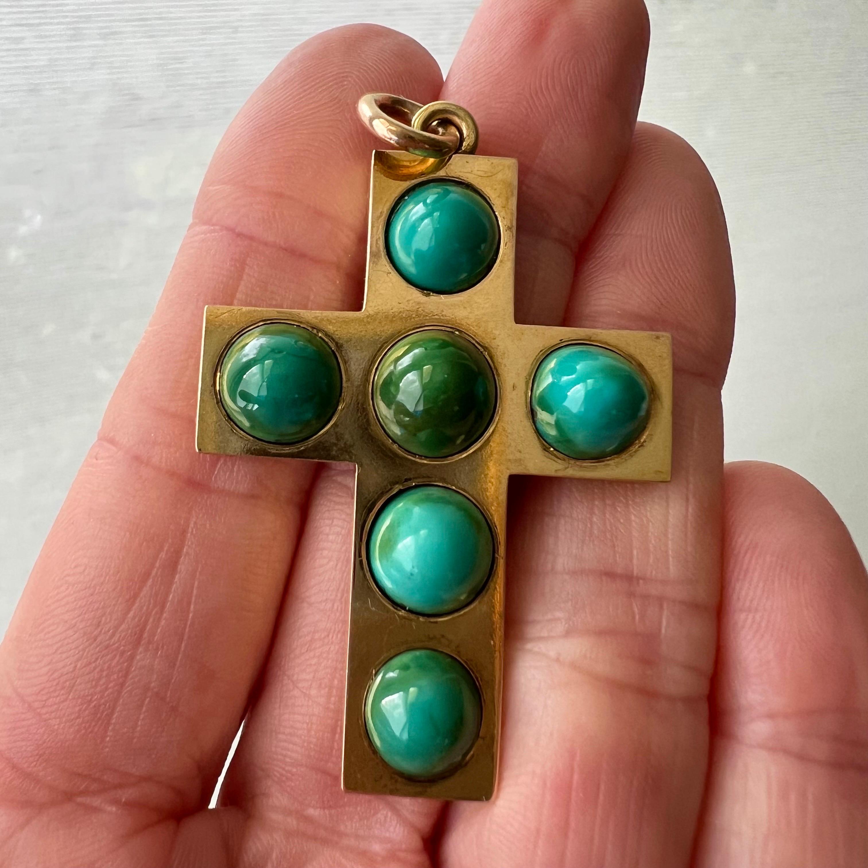 Cabochon Antique Victorian Turquoise and 14K Gold Cross Pendant For Sale