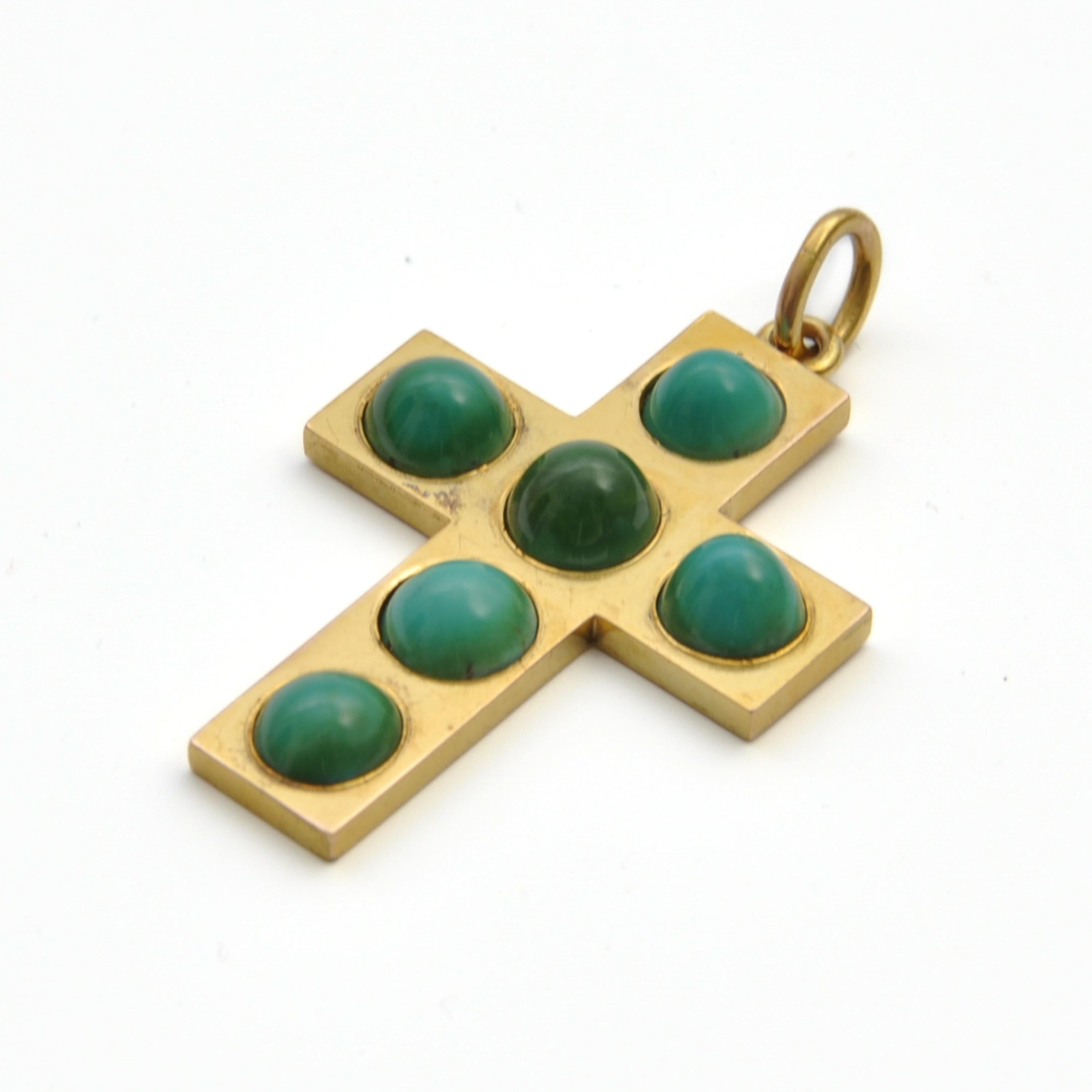 Antique Victorian Turquoise and 14K Gold Cross Pendant For Sale 1