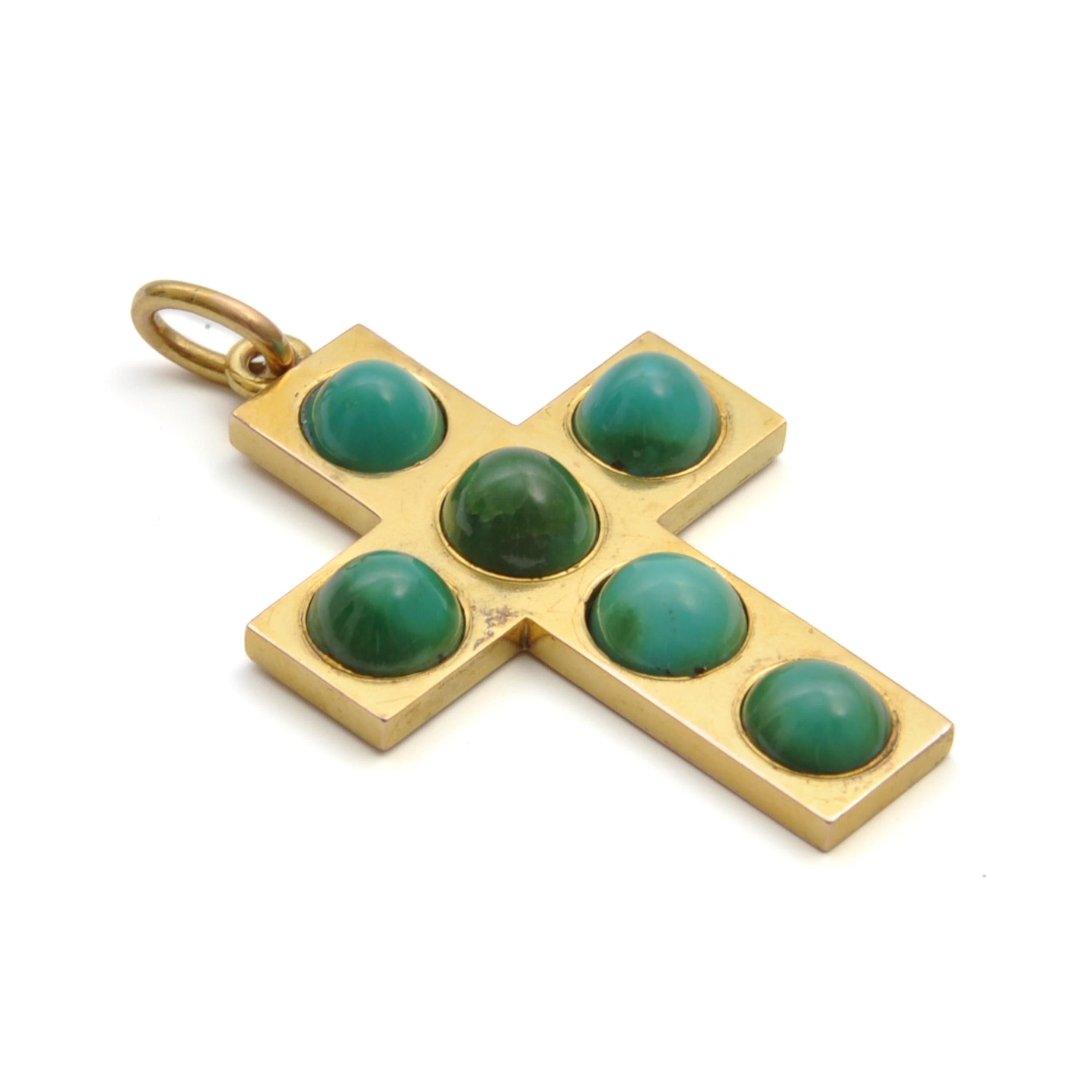 Antique Victorian Turquoise and 14K Gold Cross Pendant For Sale 2