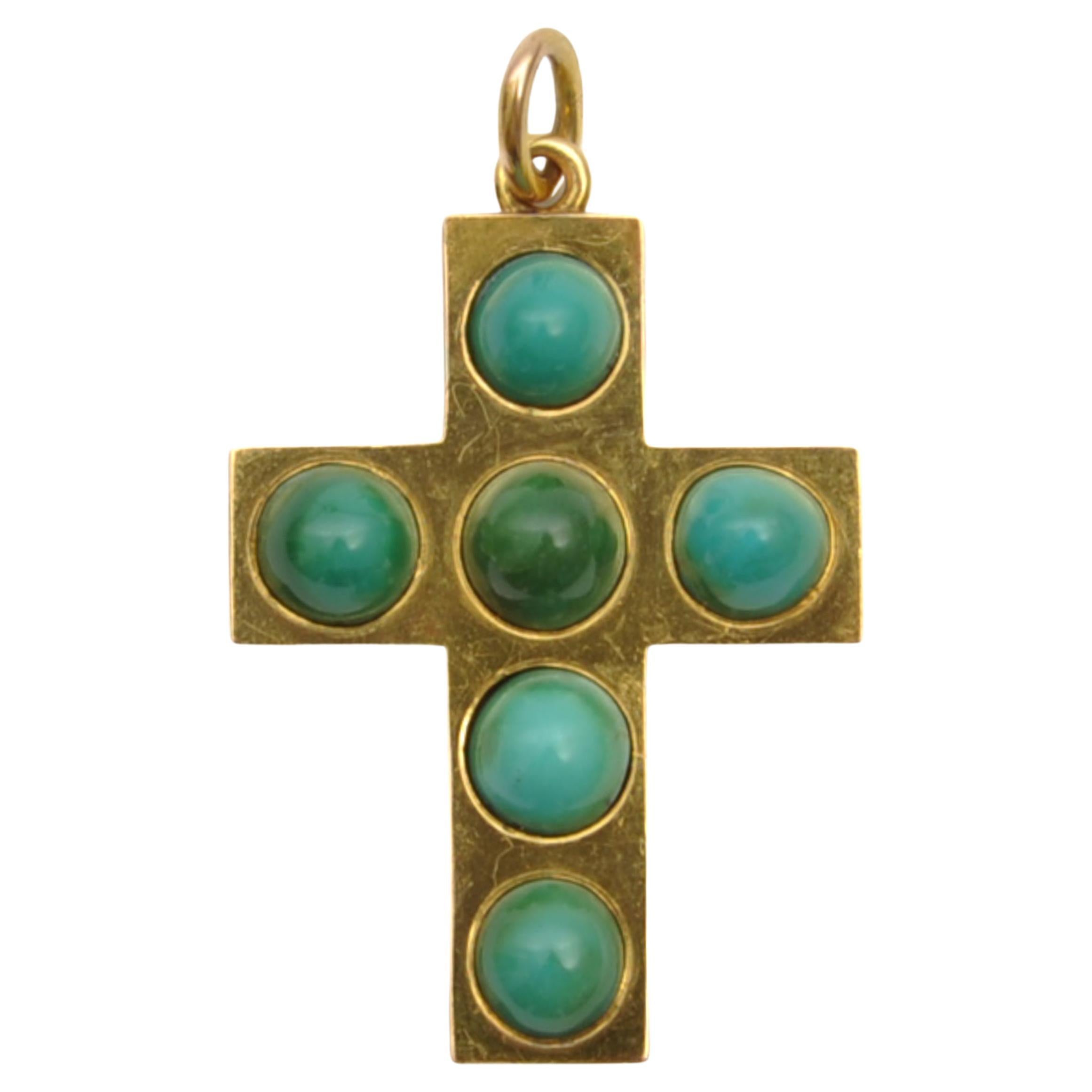 Pendentif croix victorien ancien en or 14 carats et turquoise
