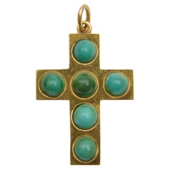 Used Victorian Turquoise and 14K Gold Cross Pendant