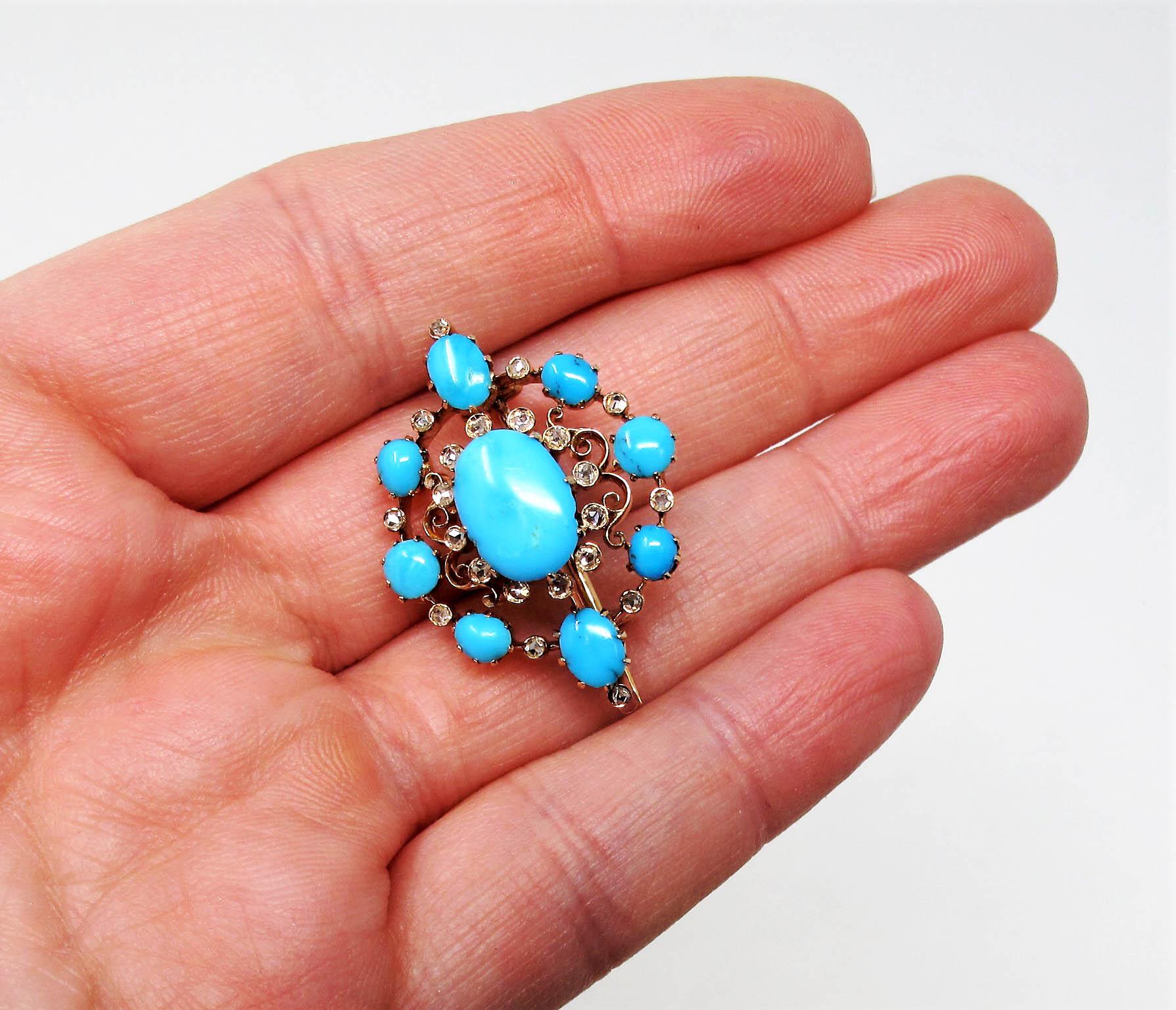 Cabochon Antique Small Victorian Turquoise and Diamond Brooch in 14 Karat Rose Gold For Sale