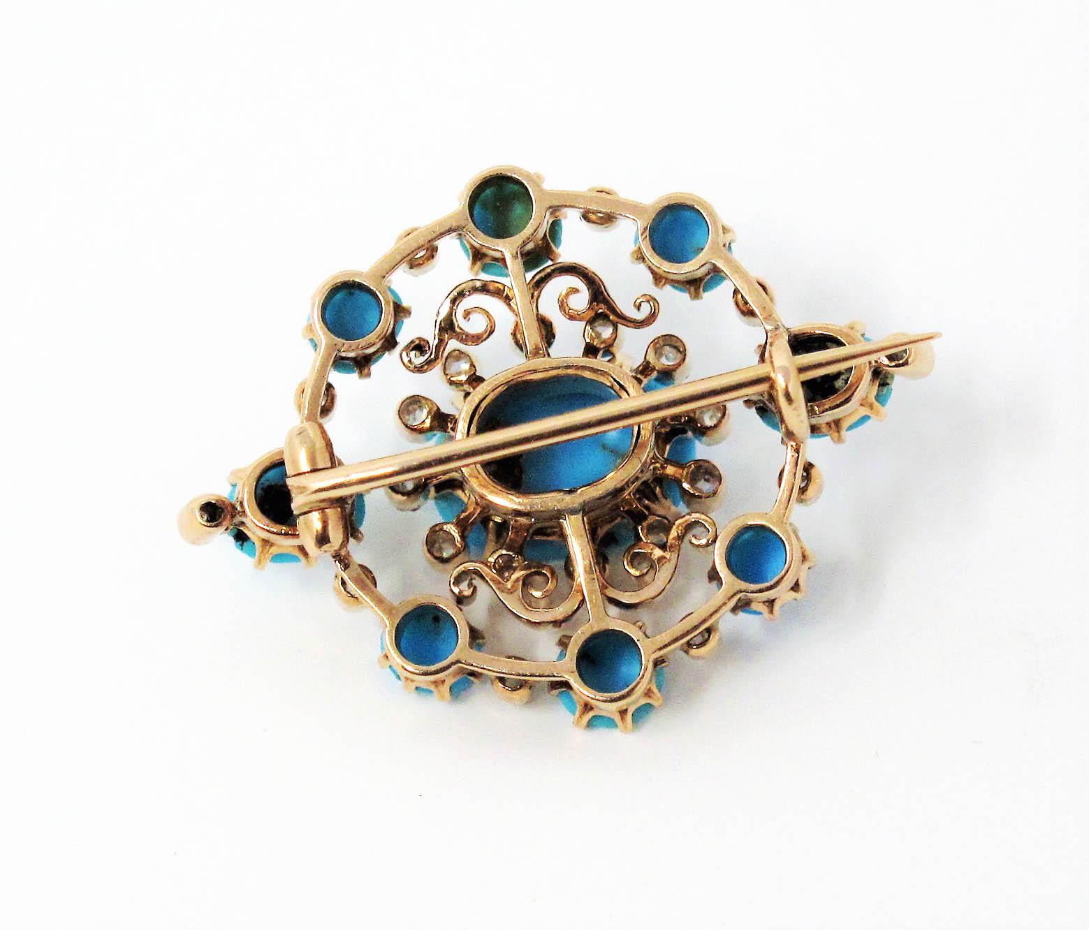 Women's Antique Small Victorian Turquoise and Diamond Brooch in 14 Karat Rose Gold For Sale