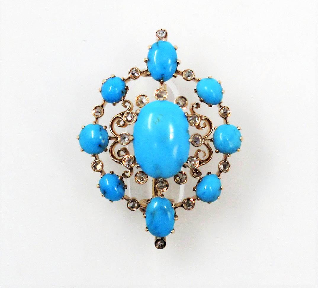 Antique Small Victorian Turquoise and Diamond Brooch in 14 Karat Rose Gold For Sale 1