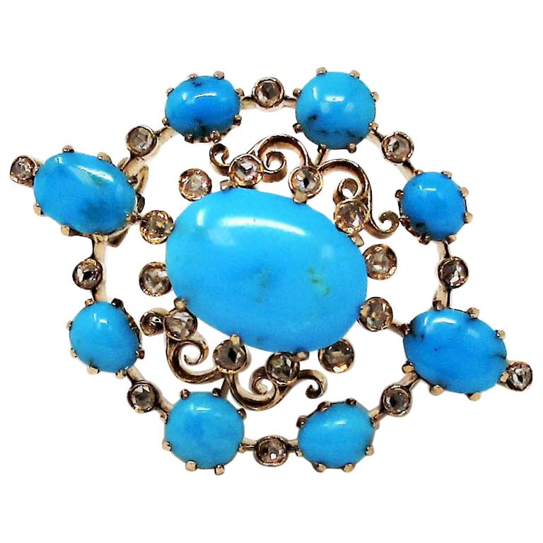 Antique Small Victorian Turquoise and Diamond Brooch in 14 Karat Rose Gold For Sale