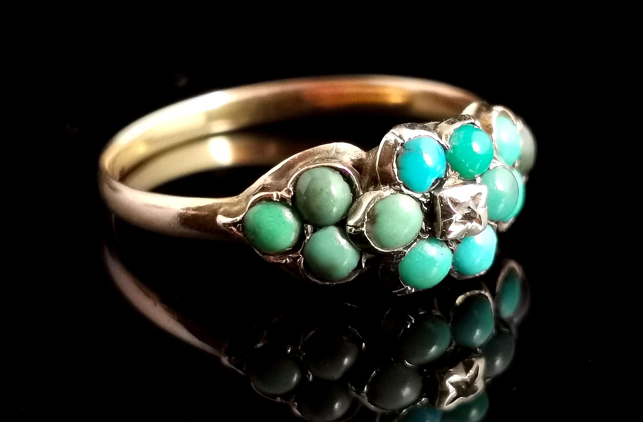 Antique Victorian Turquoise and Diamond Cluster Ring, 18kt Gold, Forget Me Not 3