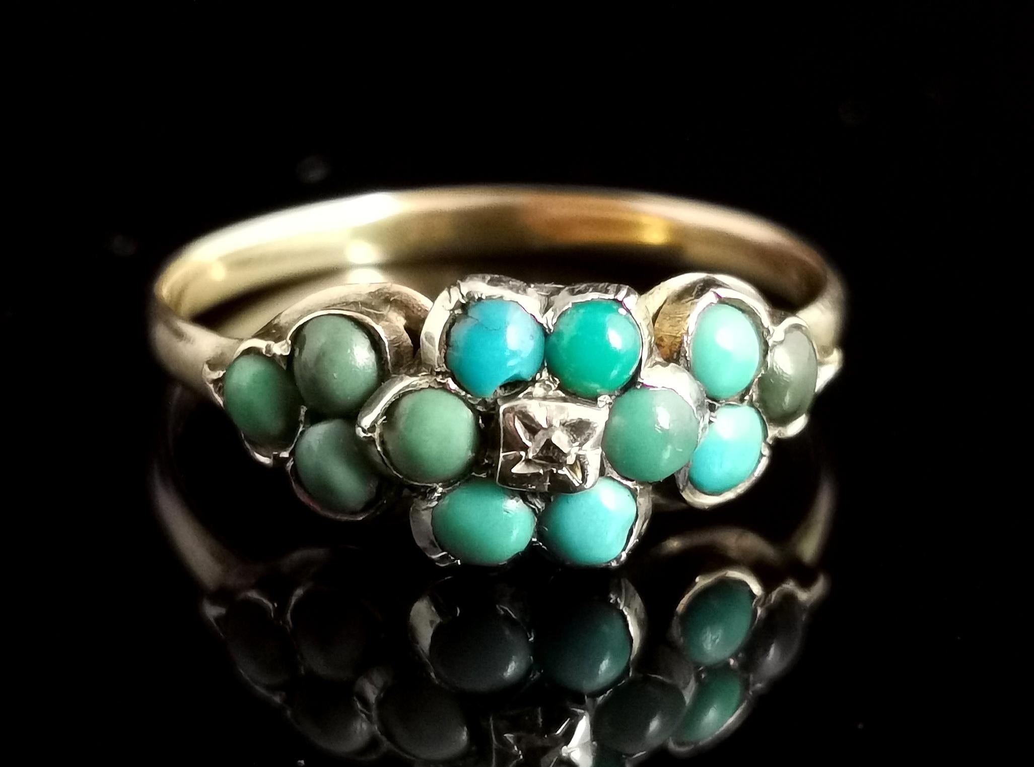 Antique Victorian Turquoise and Diamond Cluster Ring, 18kt Gold, Forget Me Not 4