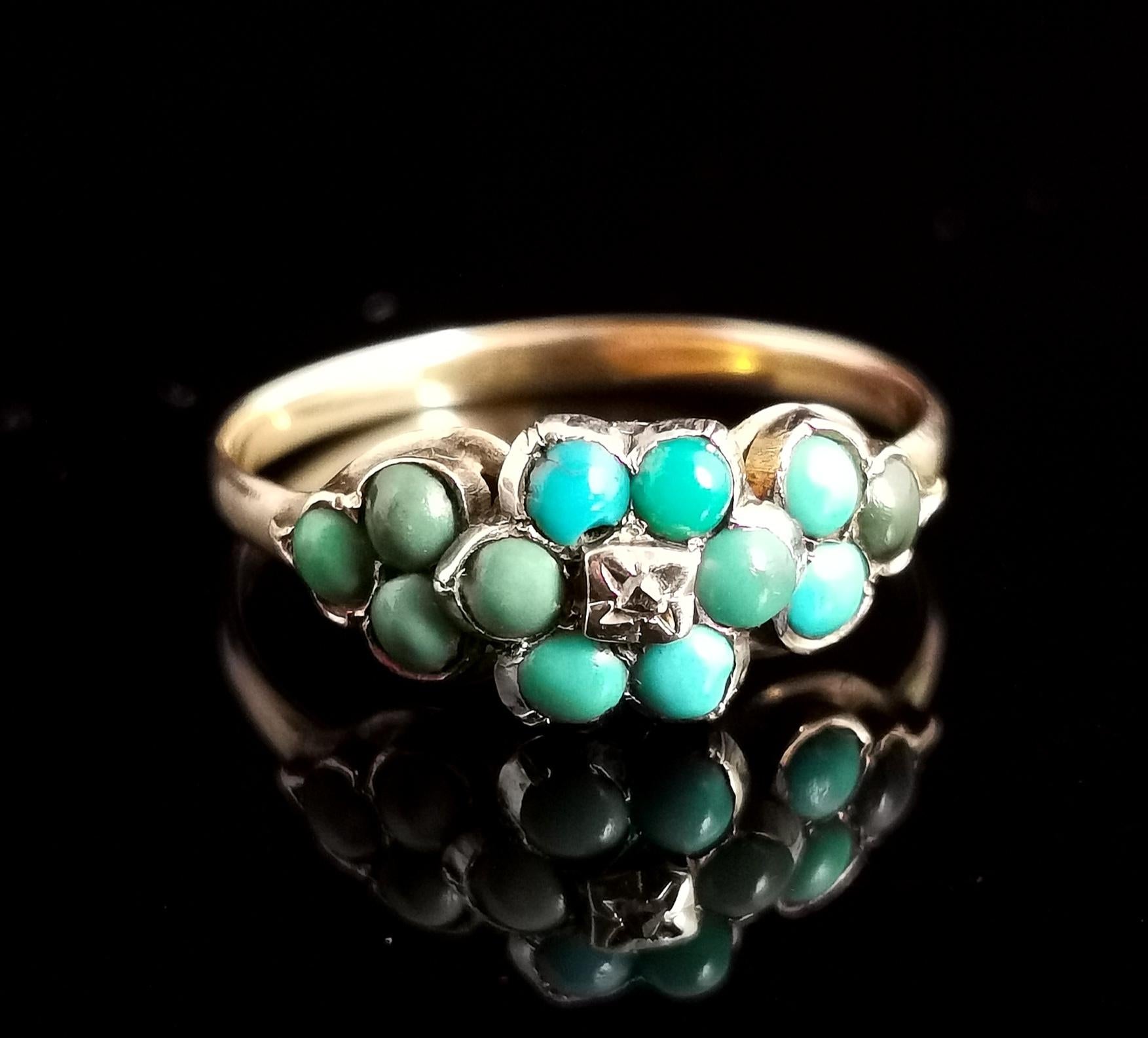 Cabochon Antique Victorian Turquoise and Diamond Cluster Ring, 18kt Gold, Forget Me Not