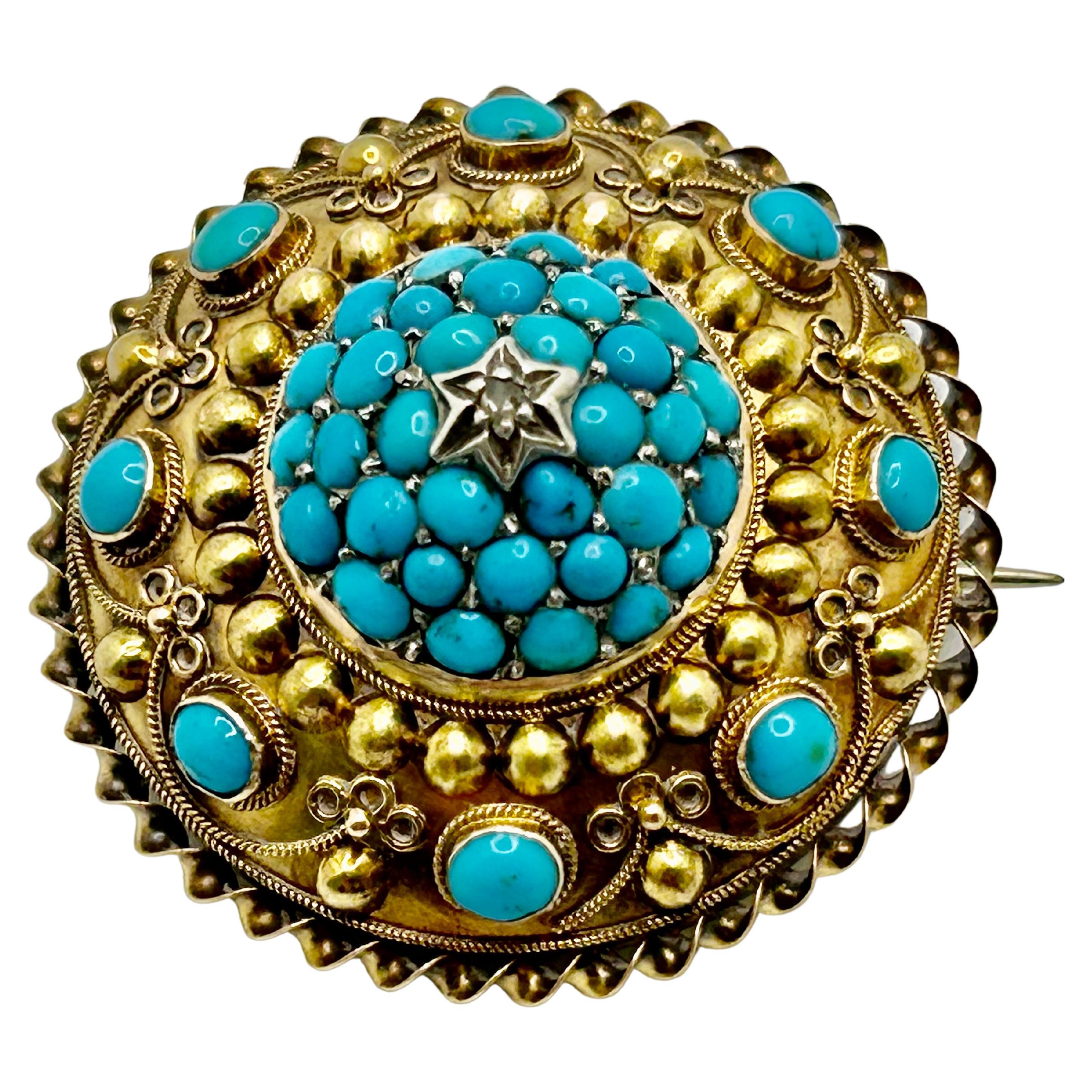 Antique Victorian Turquoise and Diamond Dome Gold Brooch