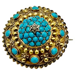 Broche victorienne ancienne en forme de dôme en or, turquoise et diamant 