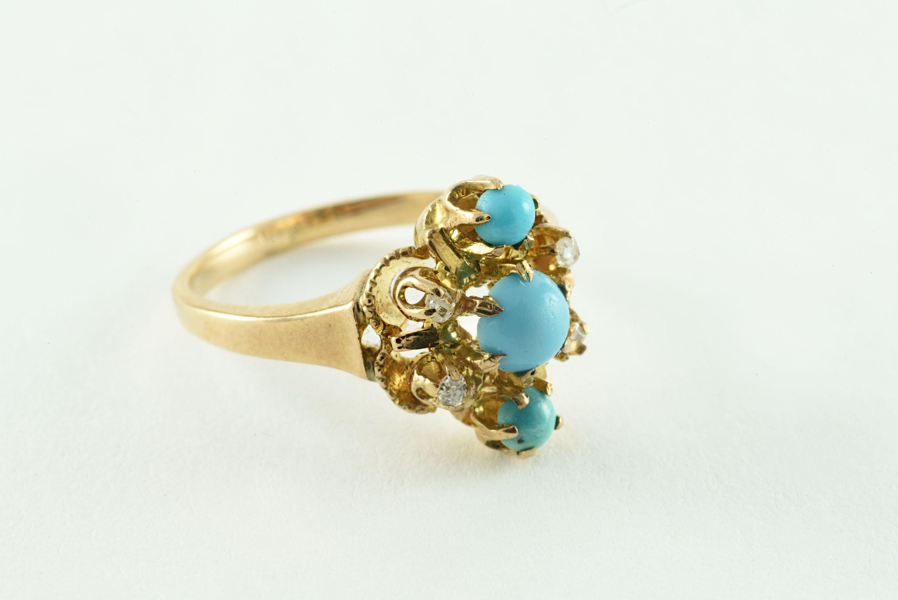 Antiker viktorianischer Ring mit Türkis und Diamanten (Rosenschliff) im Angebot