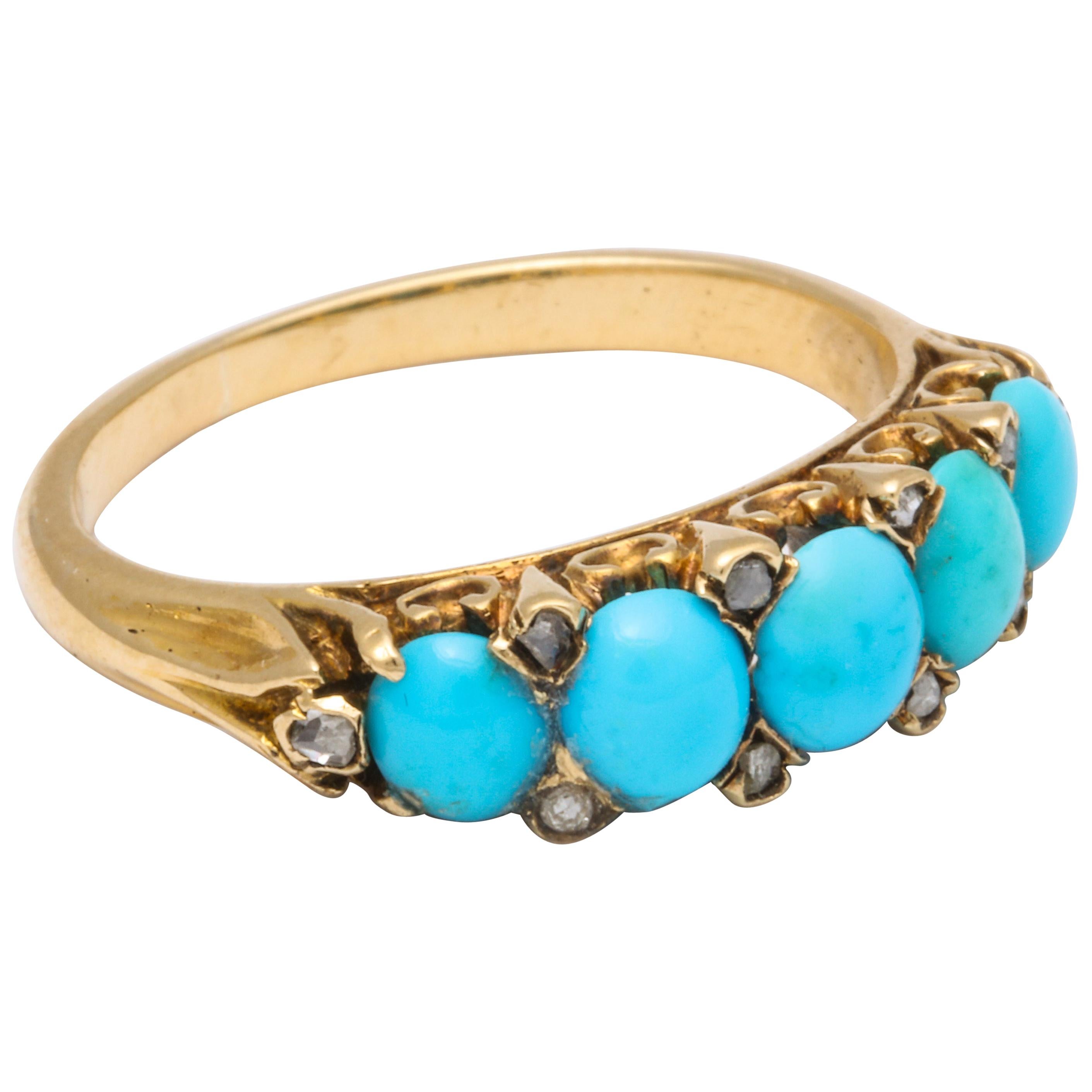 Bague victorienne ancienne en turquoise et diamants