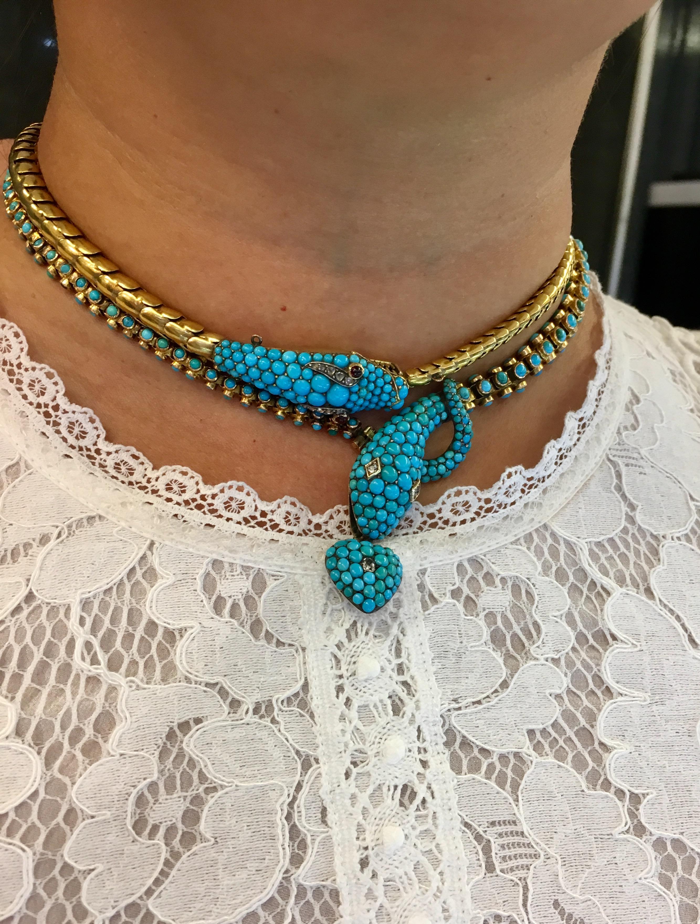 Antique Victorian Turquoise and Diamond Snake Necklace  In Good Condition In New York, NY