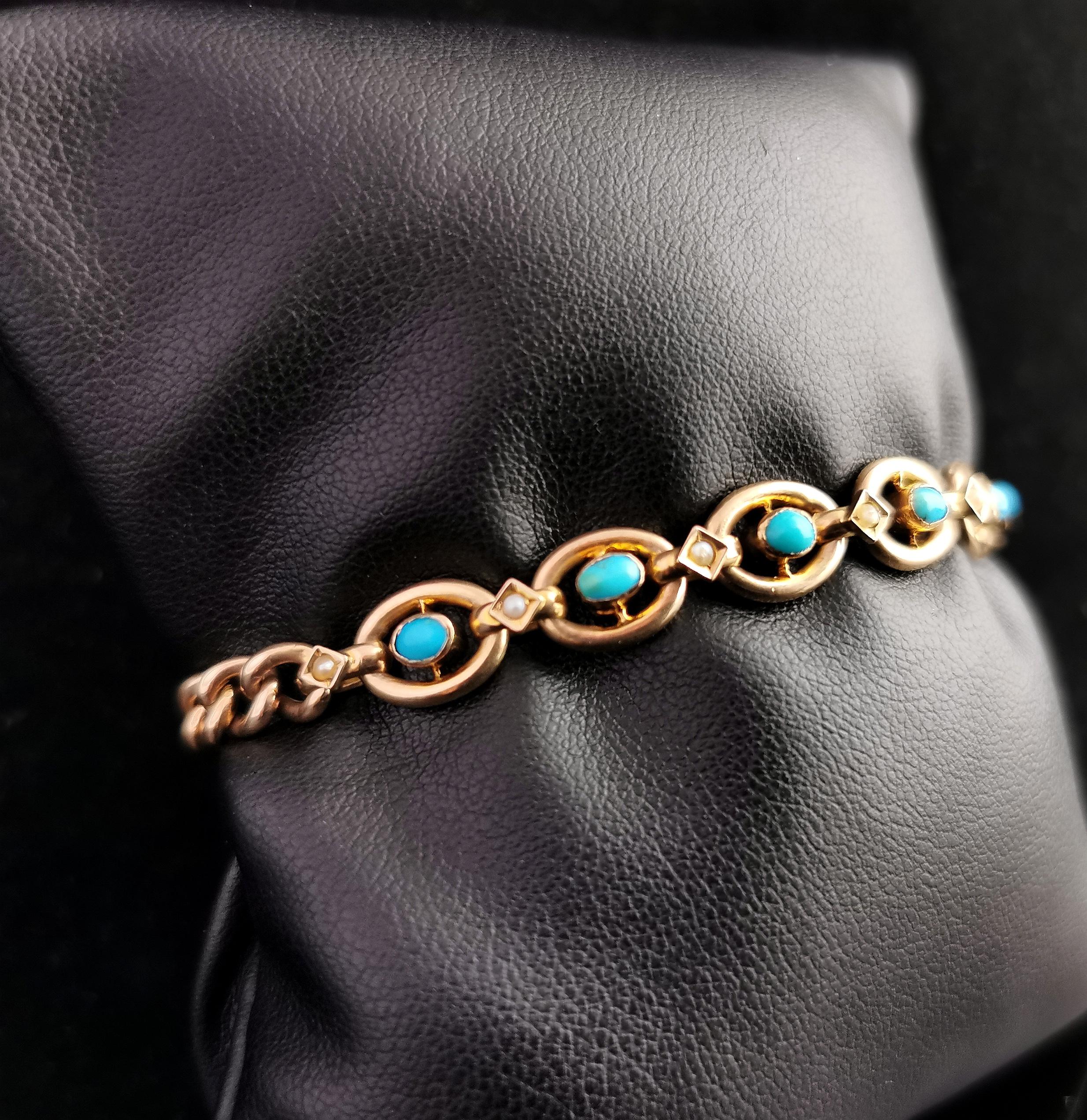 Antique Victorian Turquoise and Pearl Bracelet, 9k Gold 7