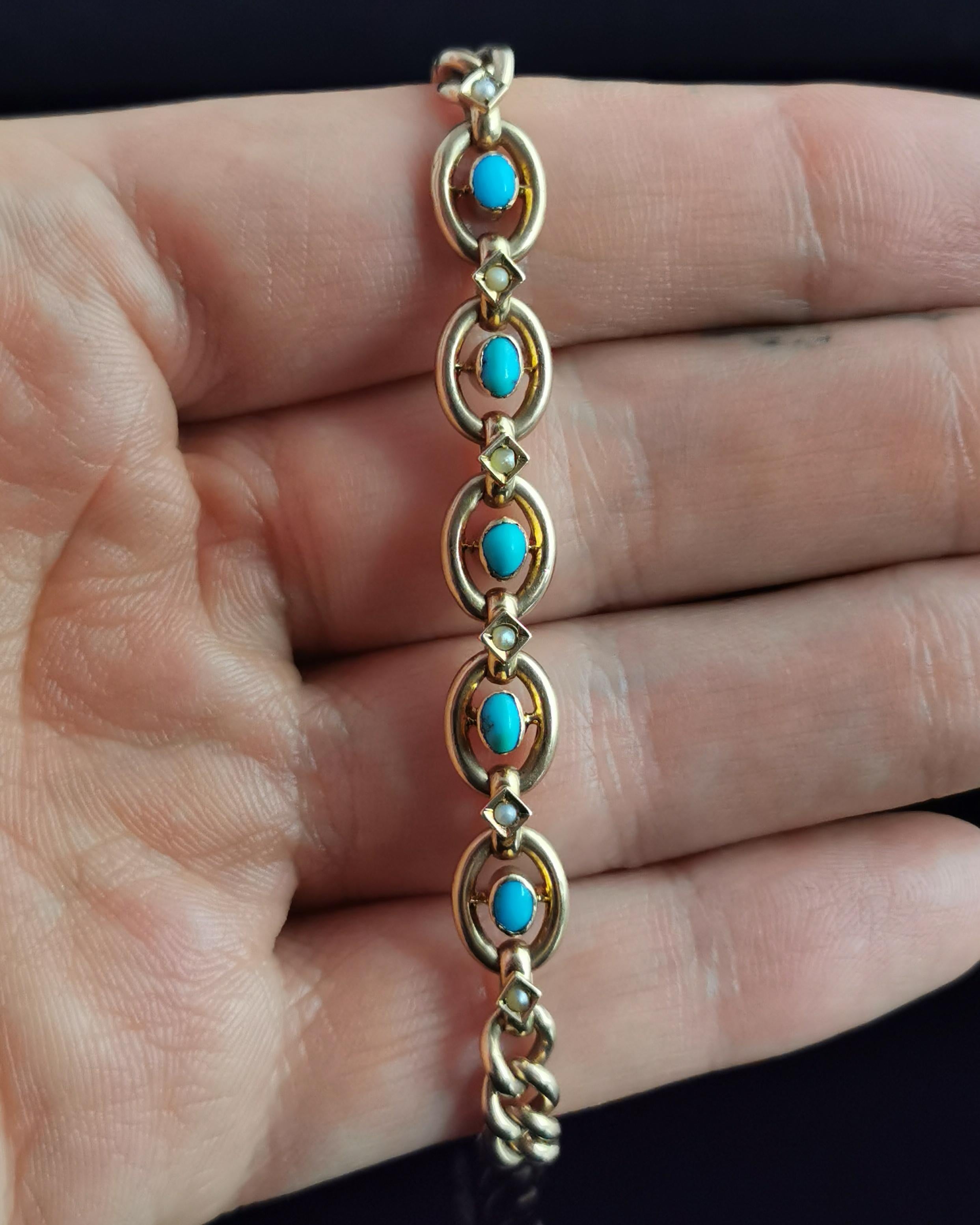 Antique Victorian Turquoise and Pearl Bracelet, 9k Gold 8