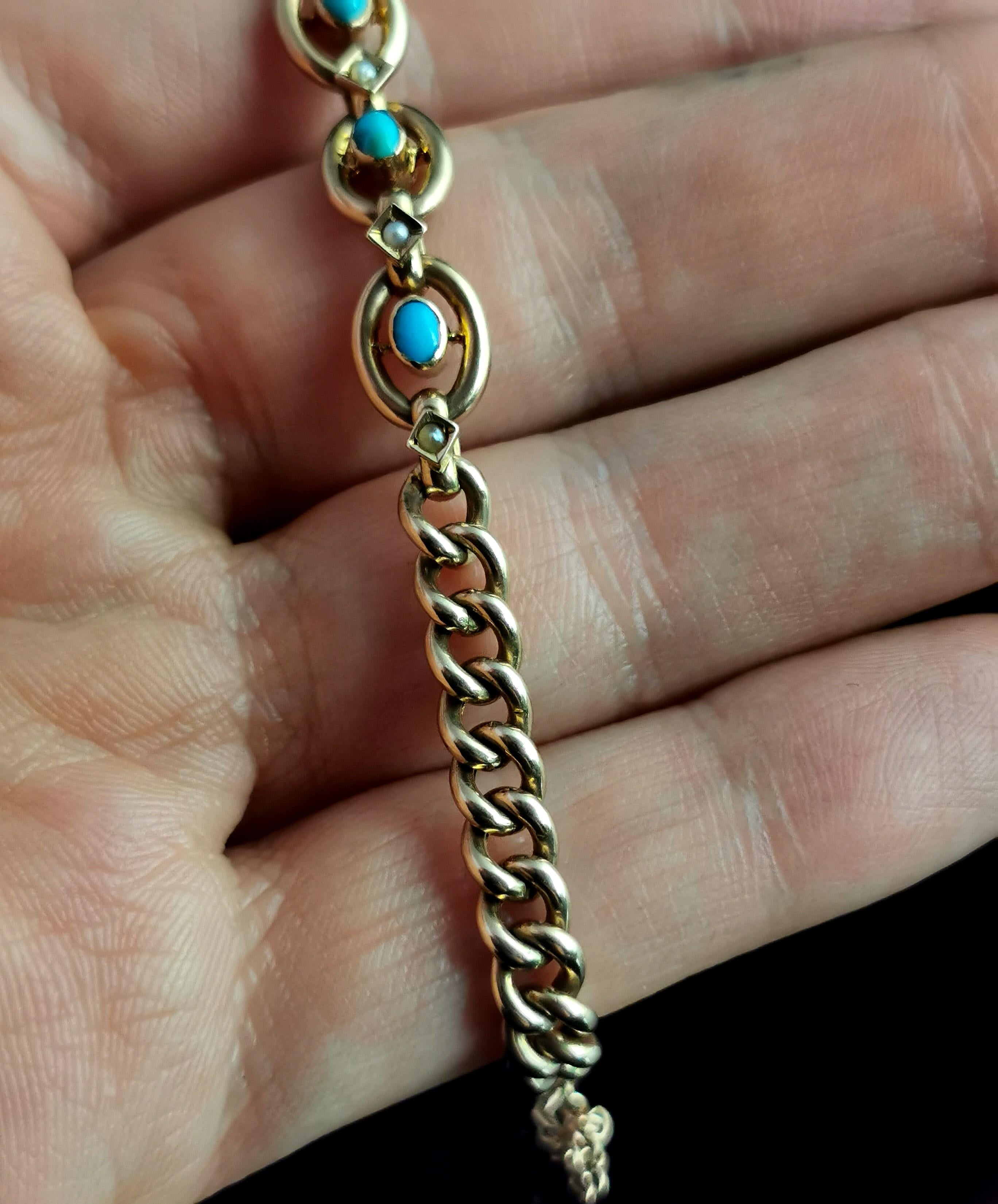 Antique Victorian Turquoise and Pearl Bracelet, 9k Gold 9