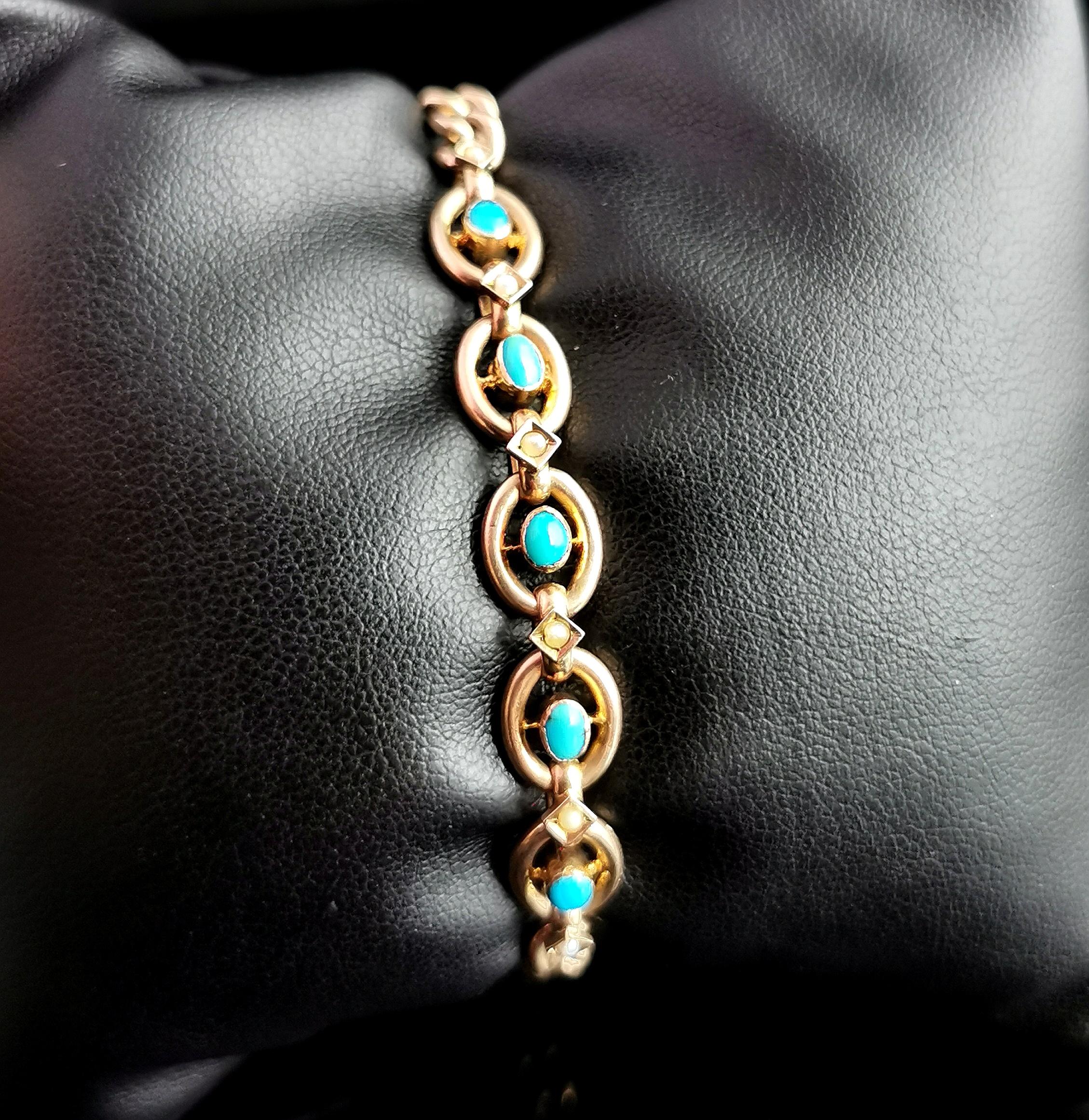 Antique Victorian Turquoise and Pearl Bracelet, 9k Gold 10