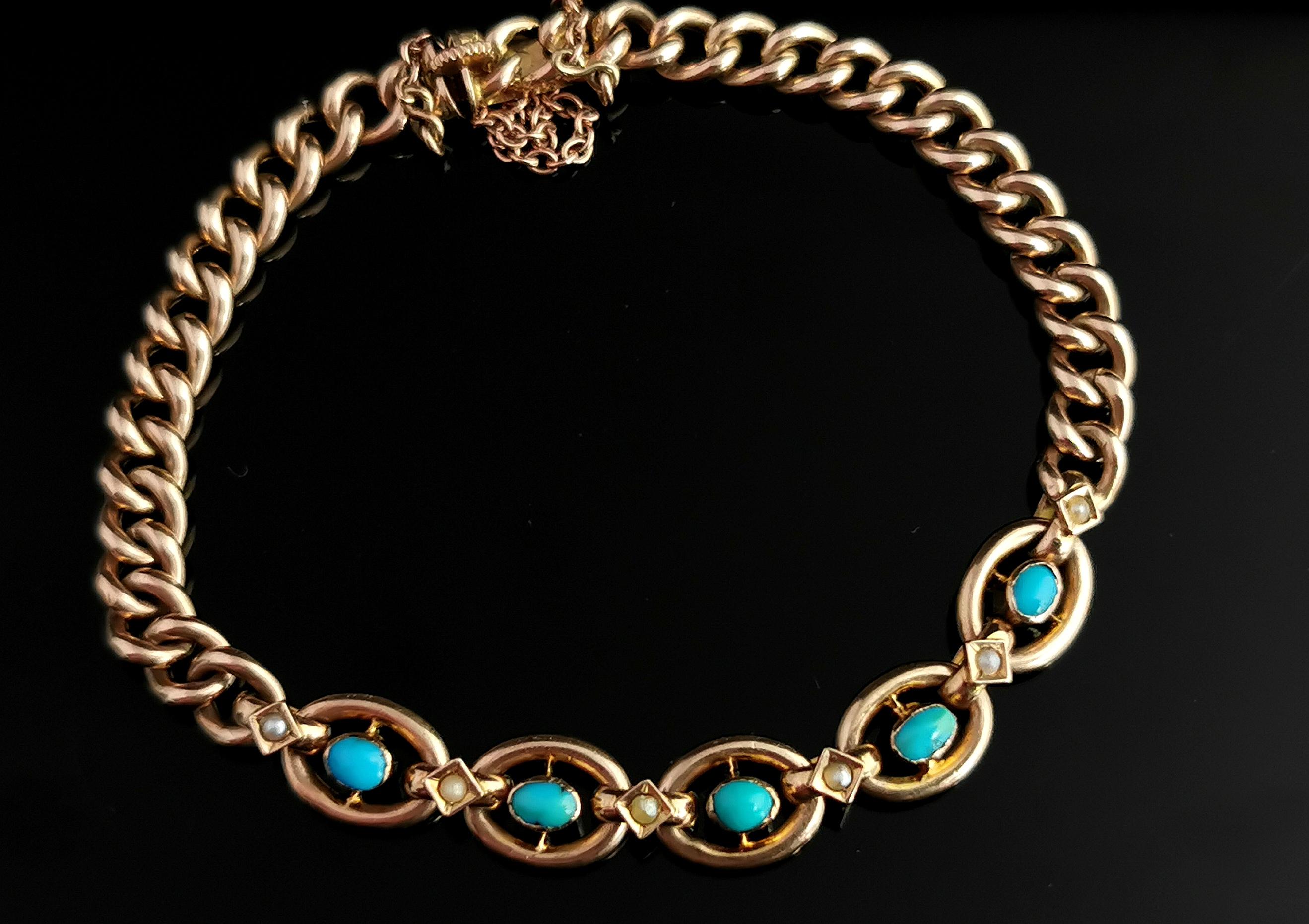 A stunning antique, late Victorian era 9kt gold curb bracelet with a Turquoise and seed pearl oval link front.

Chunky rich gold curb links, the front panel featuring oval links each set with a turquoise to the centre in a diamond shaped setting,