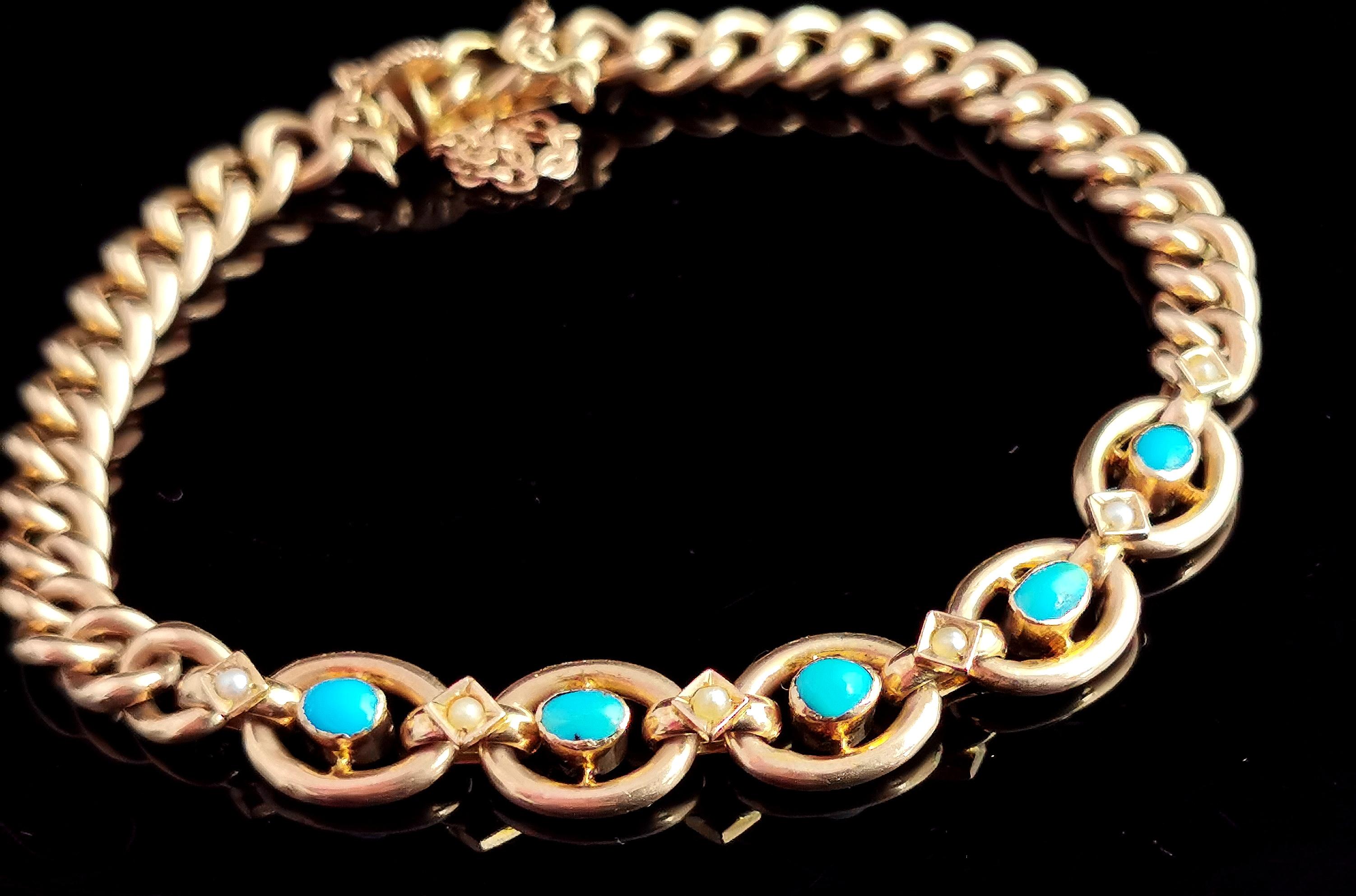 Cabochon Antique Victorian Turquoise and Pearl Bracelet, 9k Gold