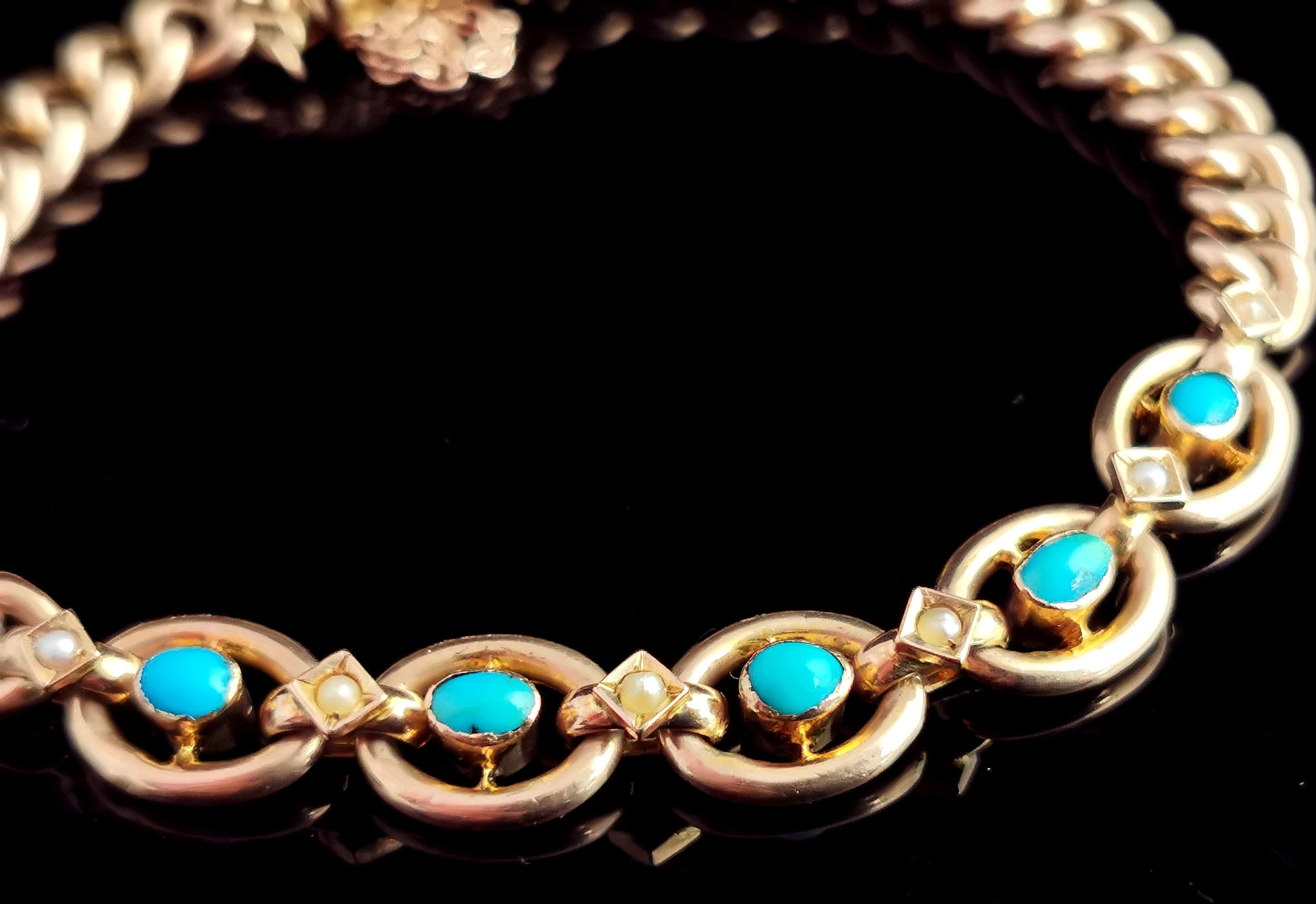 Women's or Men's Antique Victorian Turquoise and Pearl Bracelet, 9k Gold