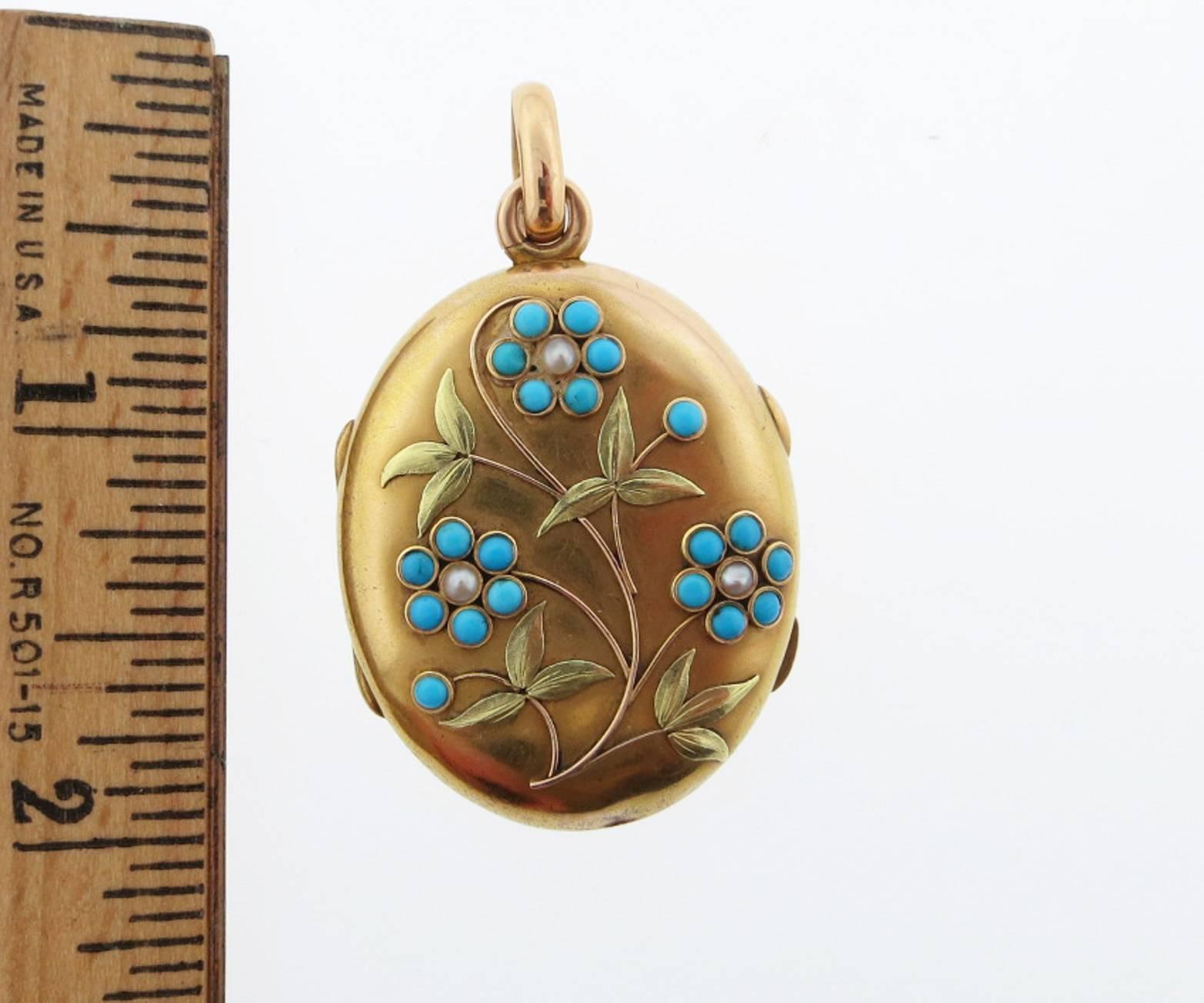 Round Cut Antique Victorian Turquoise and Pearl Locket For Sale