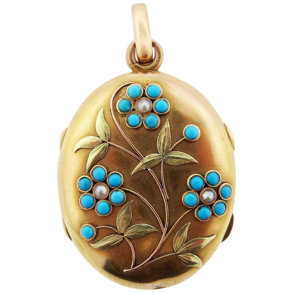 Antique Victorian Turquoise and Pearl Locket For Sale