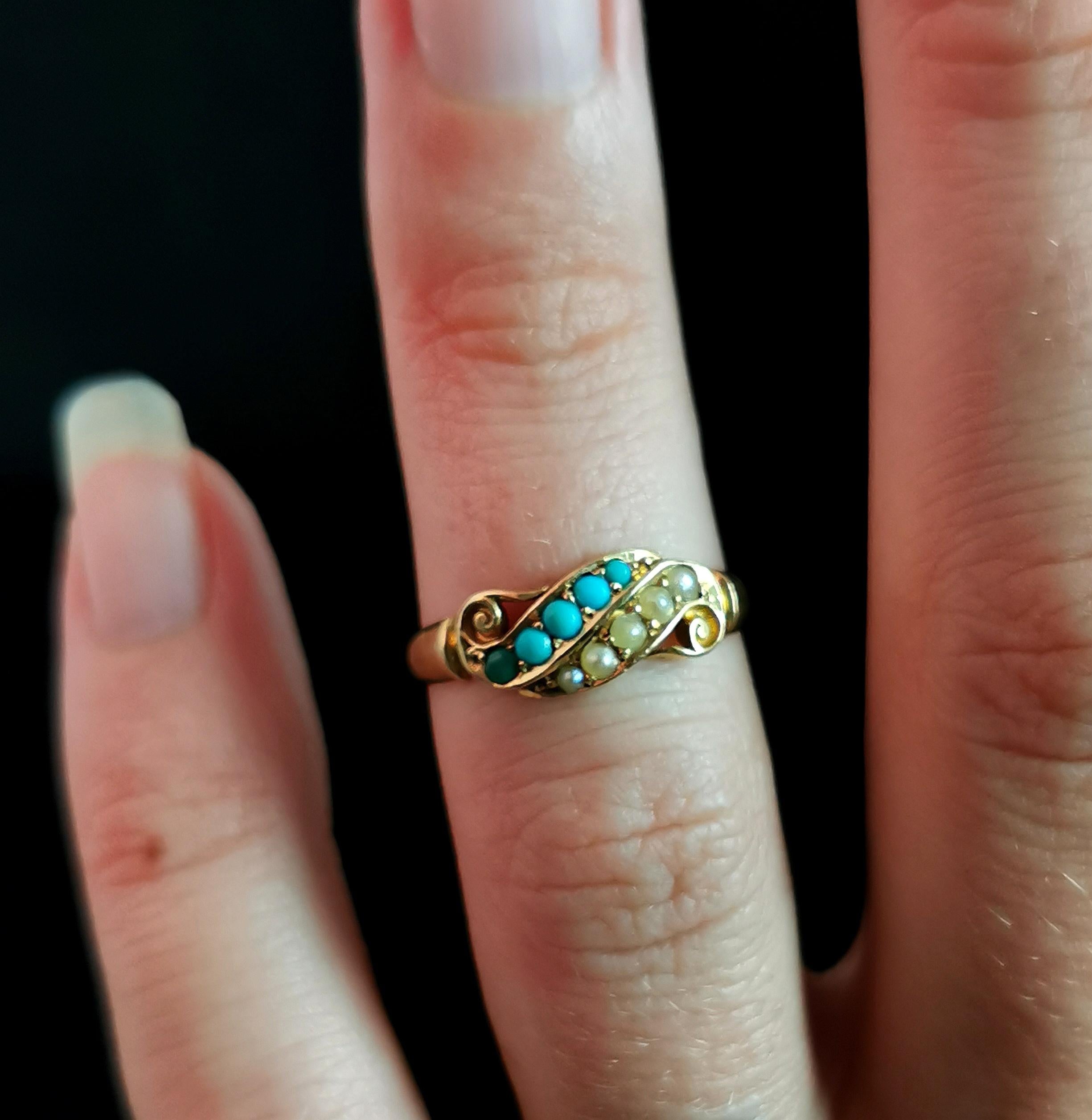 Antique Victorian Turquoise and Pearl Ring, 18k Yellow Gold 6