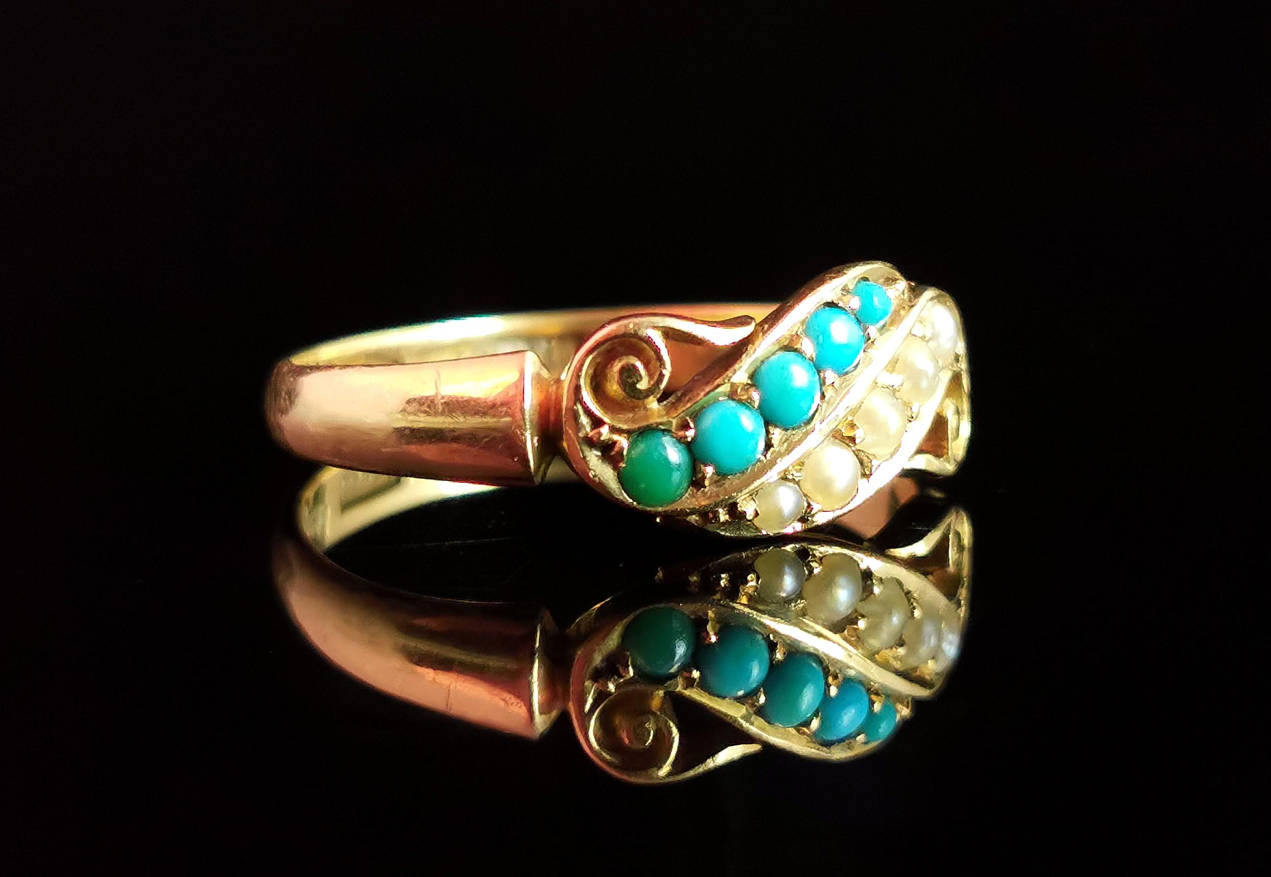 Antique Victorian Turquoise and Pearl Ring, 18k Yellow Gold 7