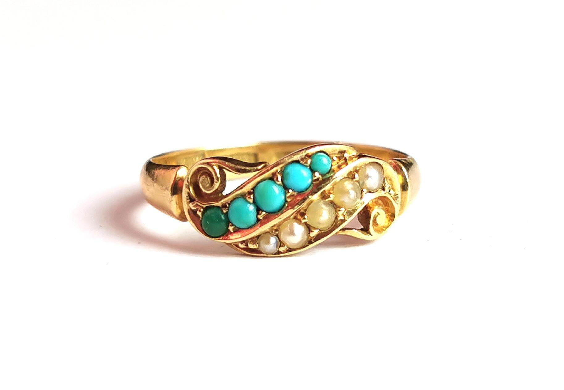Antique Victorian Turquoise and Pearl Ring, 18k Yellow Gold 9