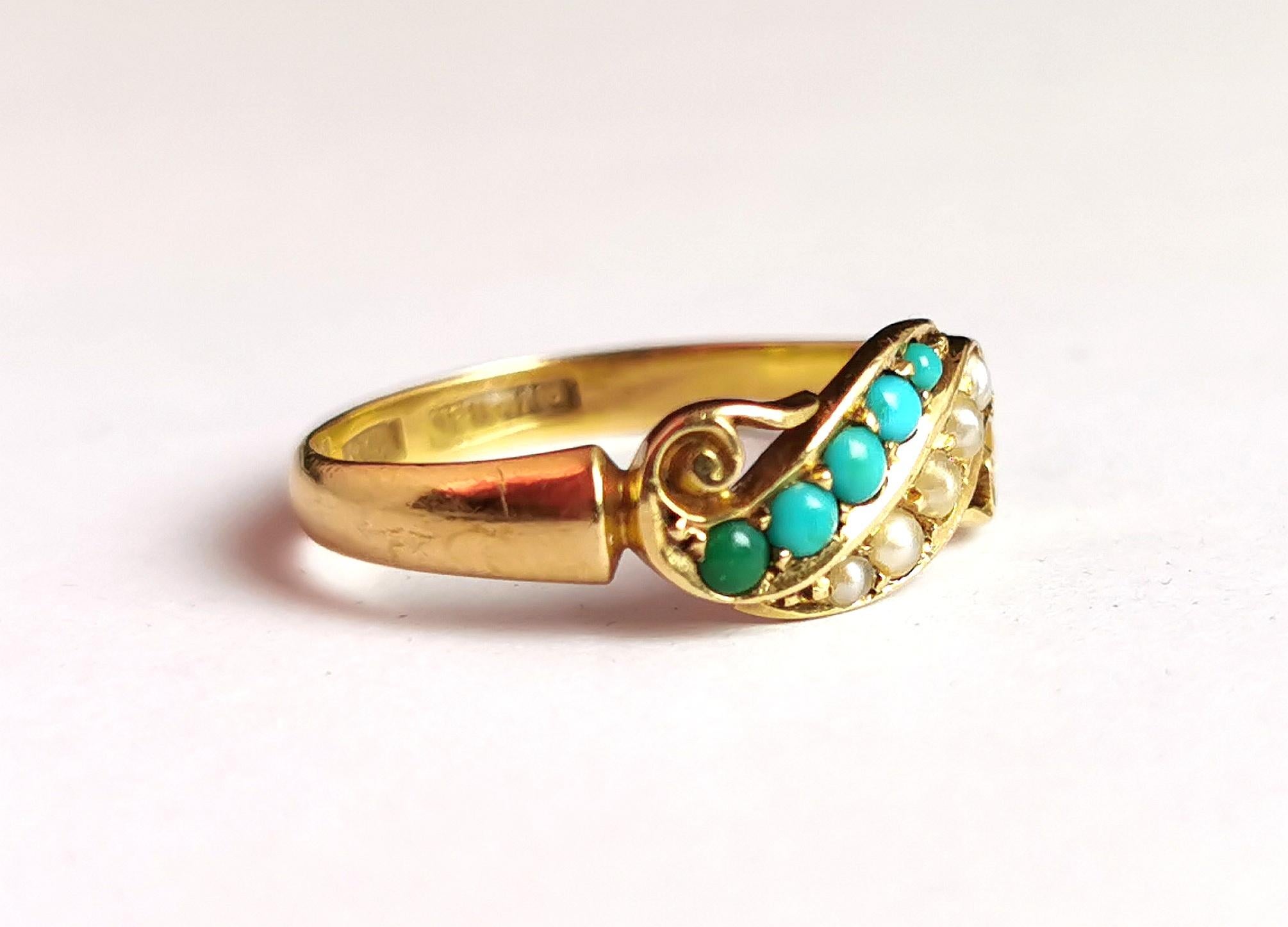 Antique Victorian Turquoise and Pearl Ring, 18k Yellow Gold 10