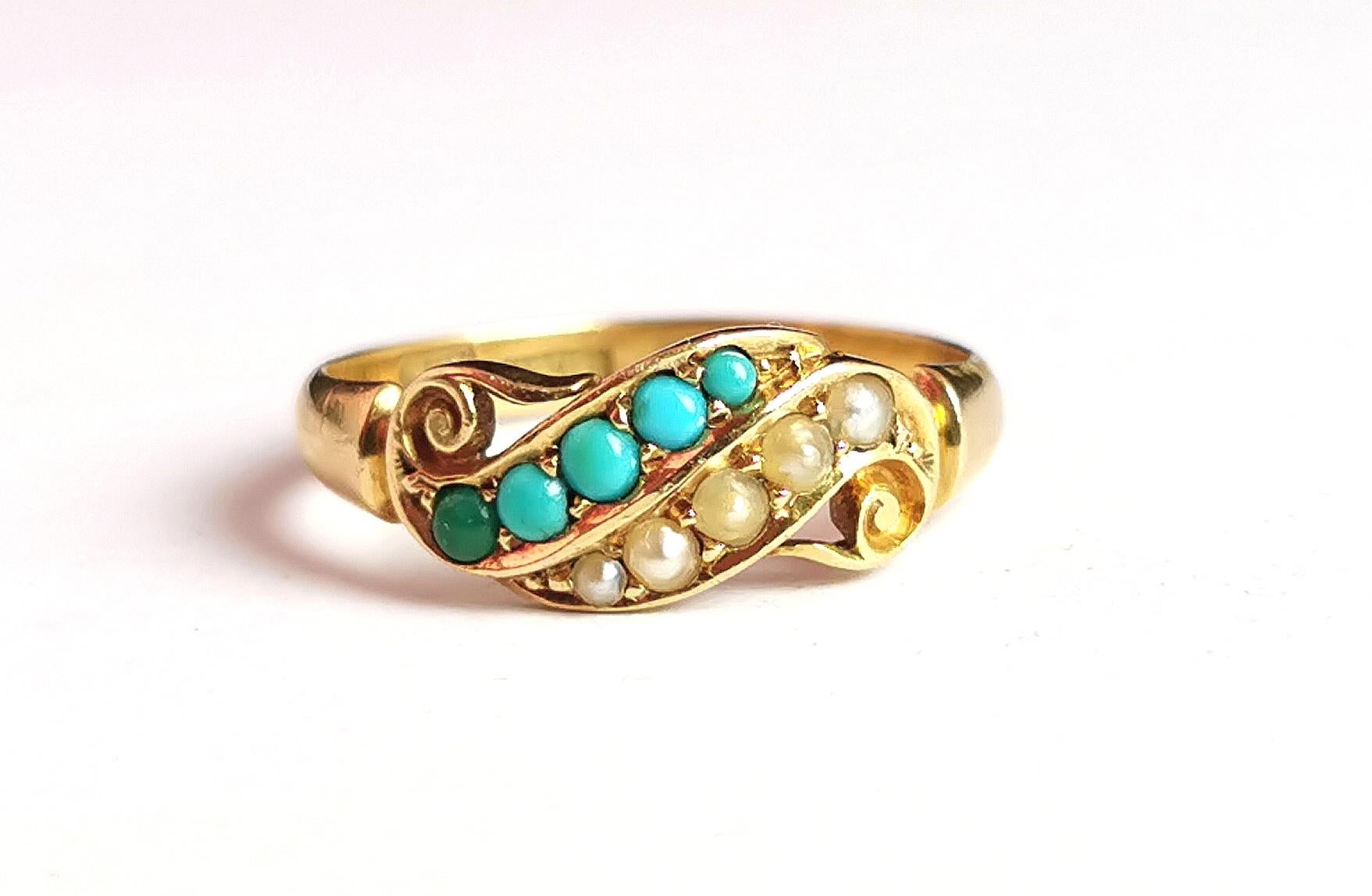 Antique Victorian Turquoise and Pearl Ring, 18k Yellow Gold 11