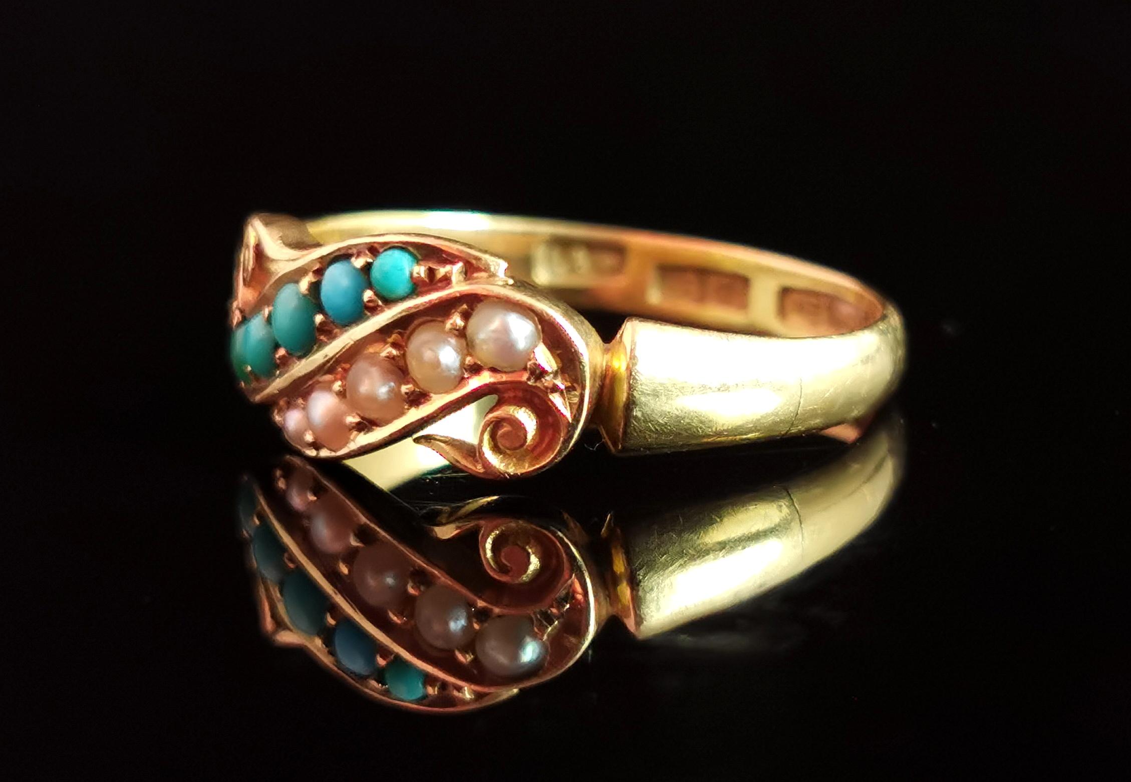 Antique Victorian Turquoise and Pearl Ring, 18k Yellow Gold 2