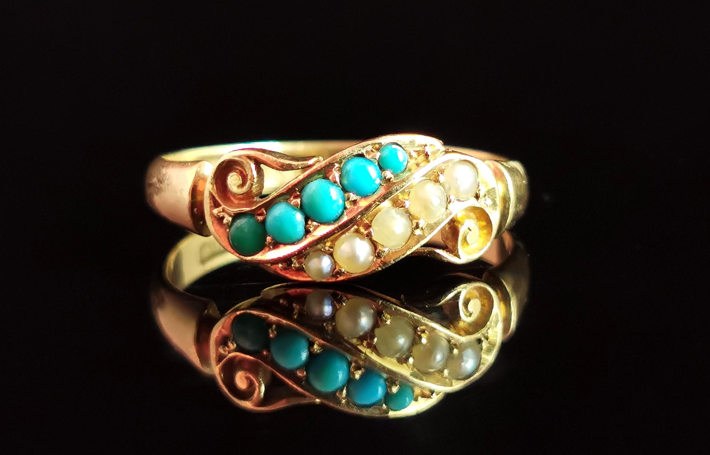 Antique Victorian Turquoise and Pearl Ring, 18k Yellow Gold 4