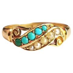 Antique Victorian Turquoise and Pearl Ring, 18k Yellow Gold
