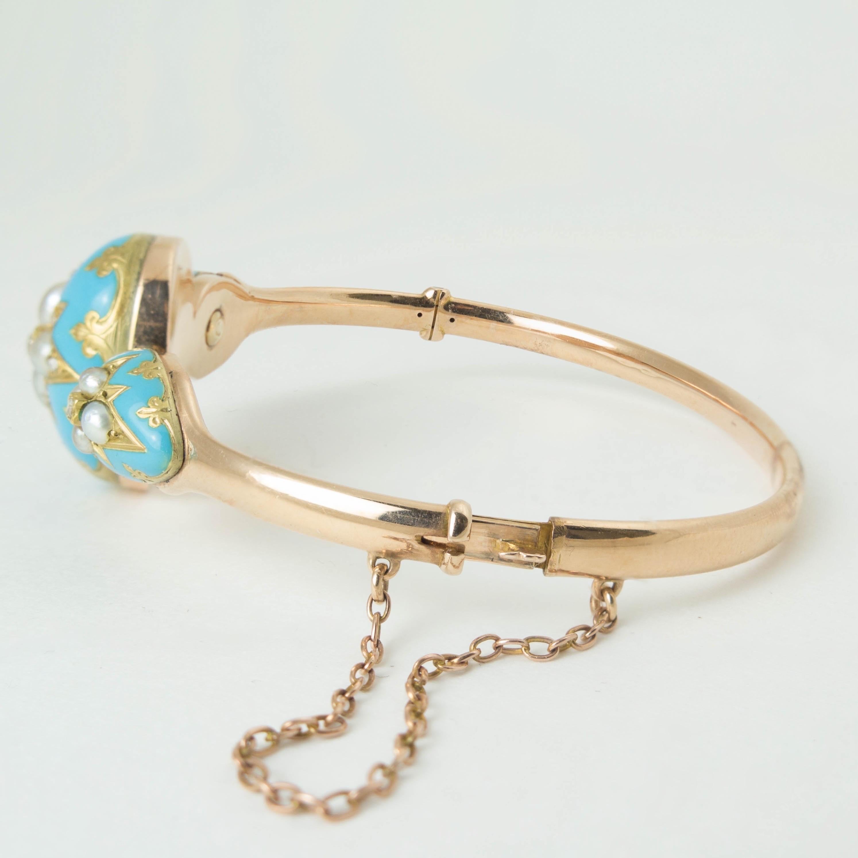 Antikes viktorianisches Türkisblaues Emaille-Goldarmband mit Diamanten und Perlen (Alteuropäischer Brillantschliff) im Angebot