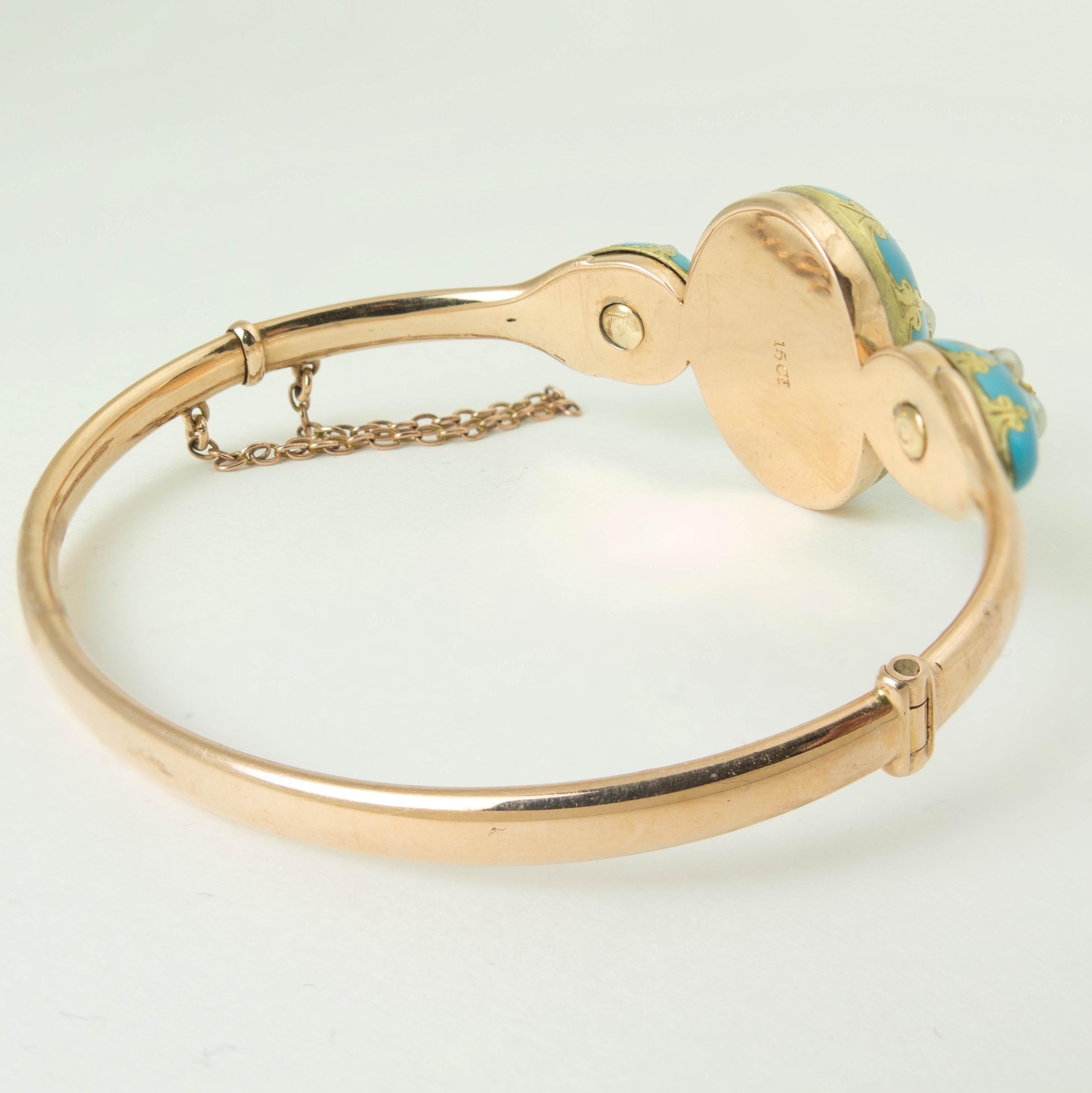 Antikes viktorianisches Türkisblaues Emaille-Goldarmband mit Diamanten und Perlen im Zustand „Gut“ im Angebot in Austin, TX